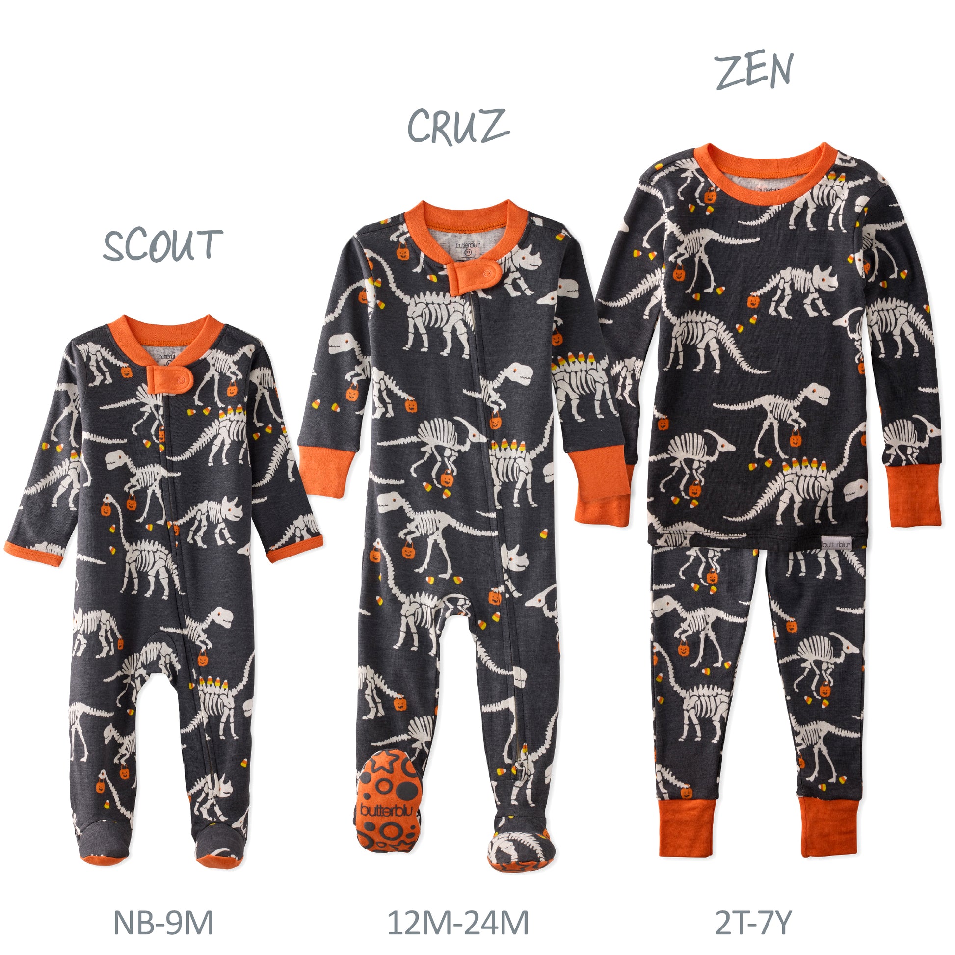 Three sizes of dinosaur-themed pajamas labeled 'Scout', 'Cruz', and 'Zen' on a white background.