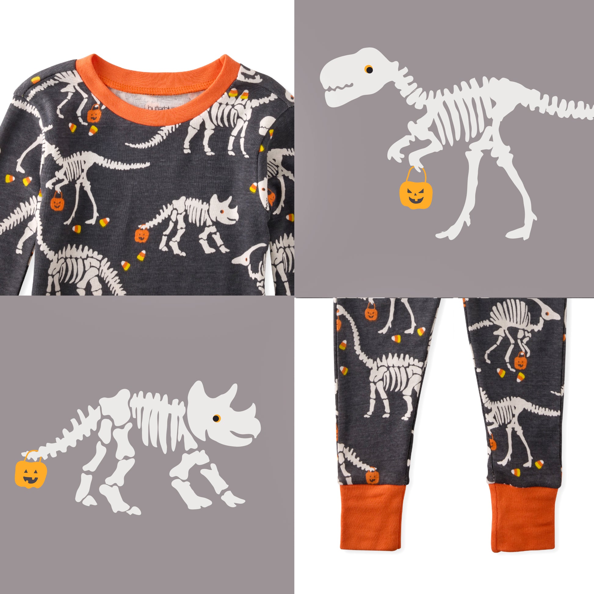 Children's pajama set with dinosaur skeleton design on a gray background