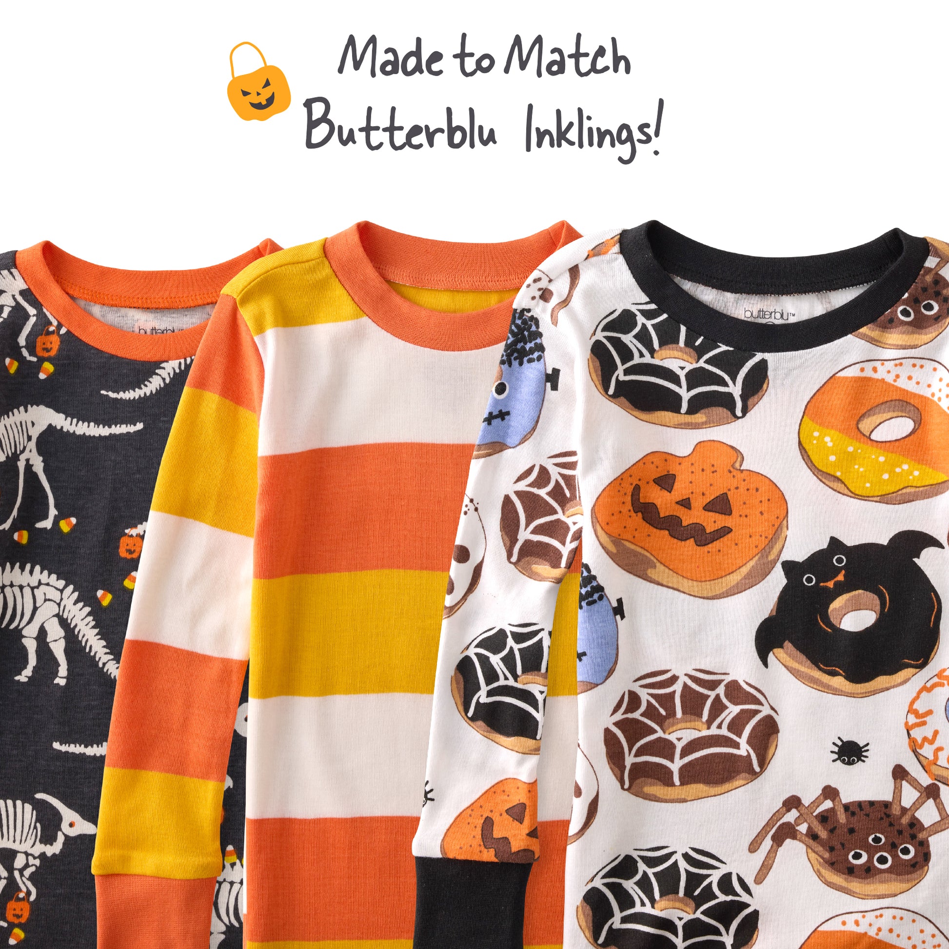 Four children's pajama sets with Halloween-themed designs on a white background.