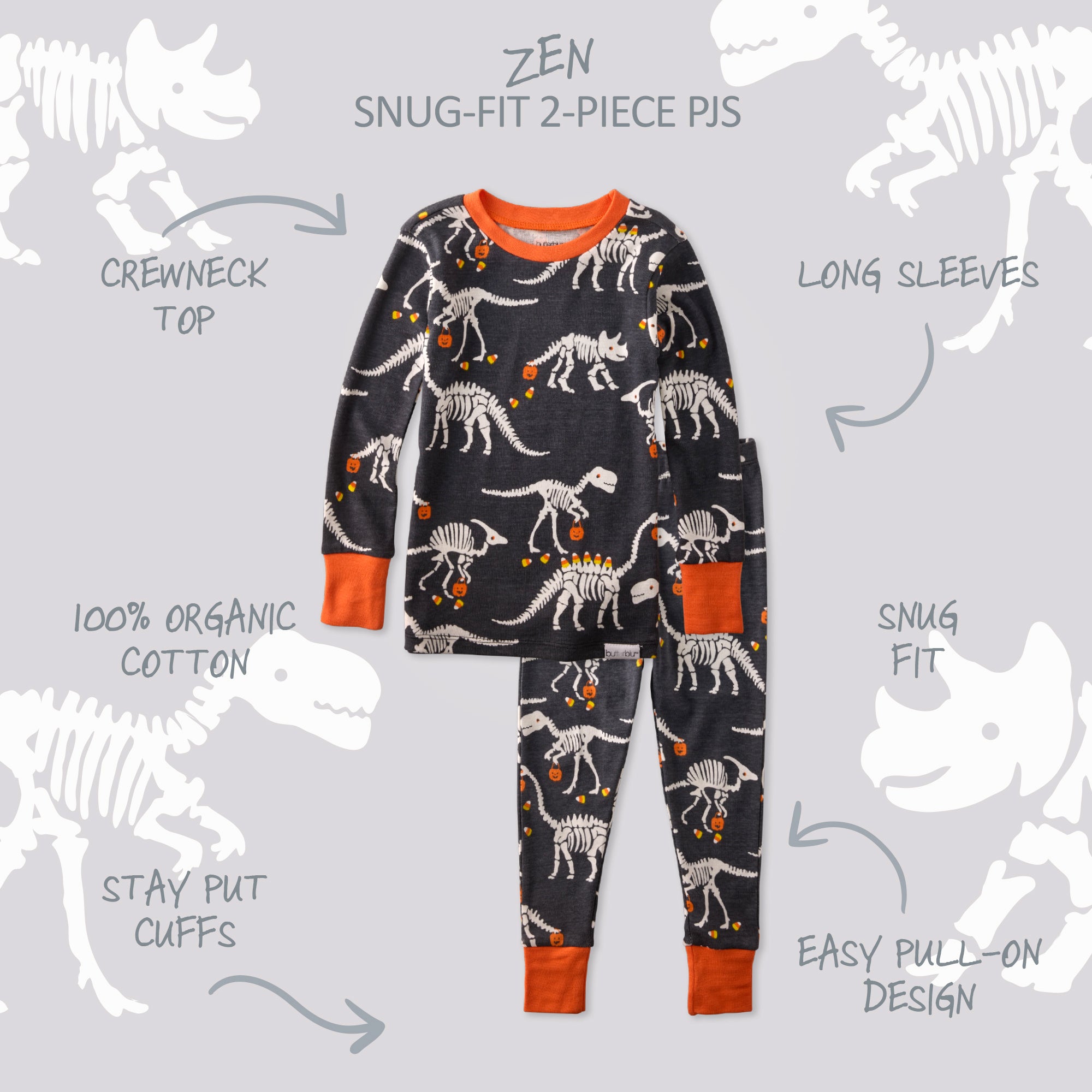 Children's pajama set with dinosaur pattern on a gray background
