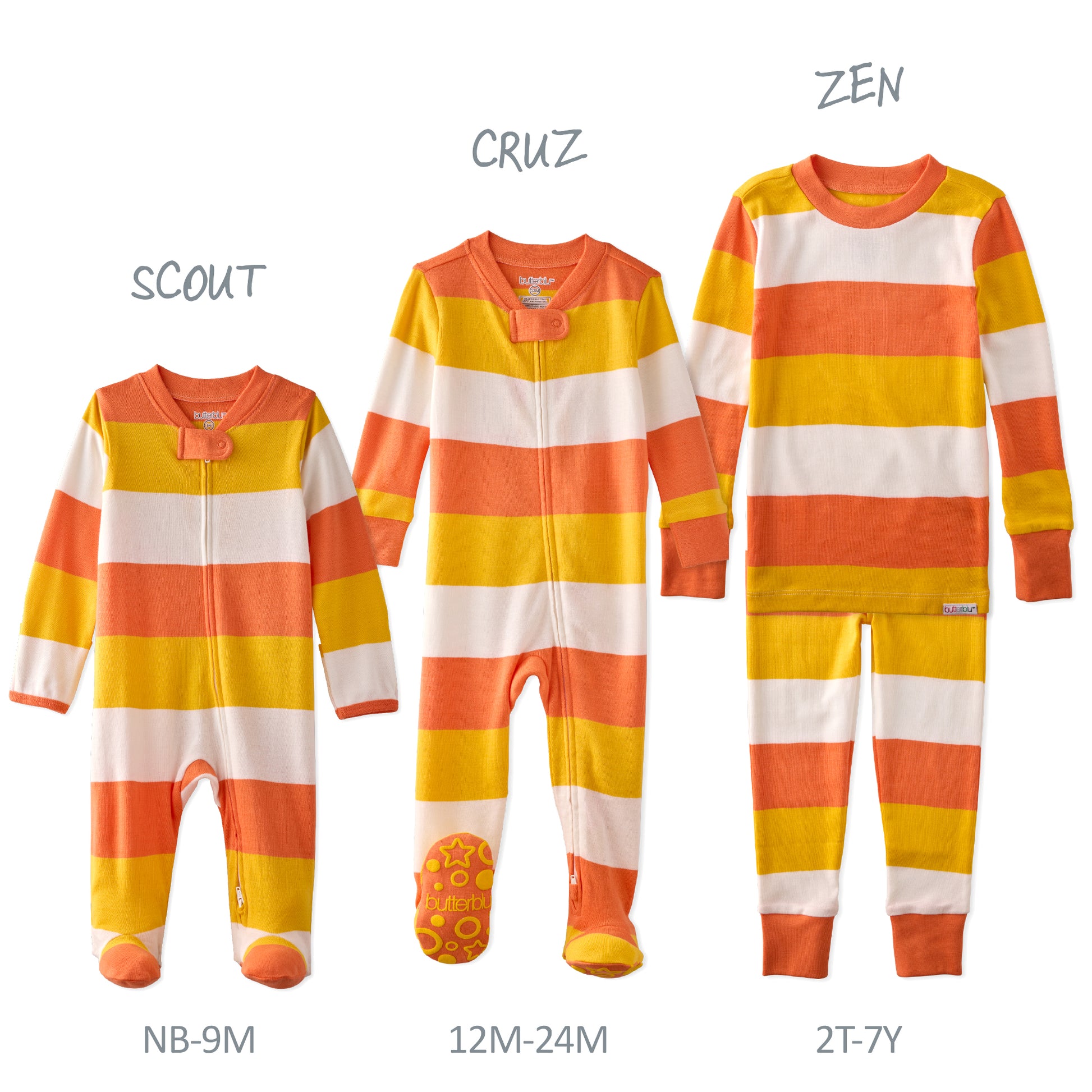 Three striped onesies labeled 'Scout', 'Cruz', and 'Zen' in sizes NB-9M, 12M-24M, and 2T-7Y respectively.