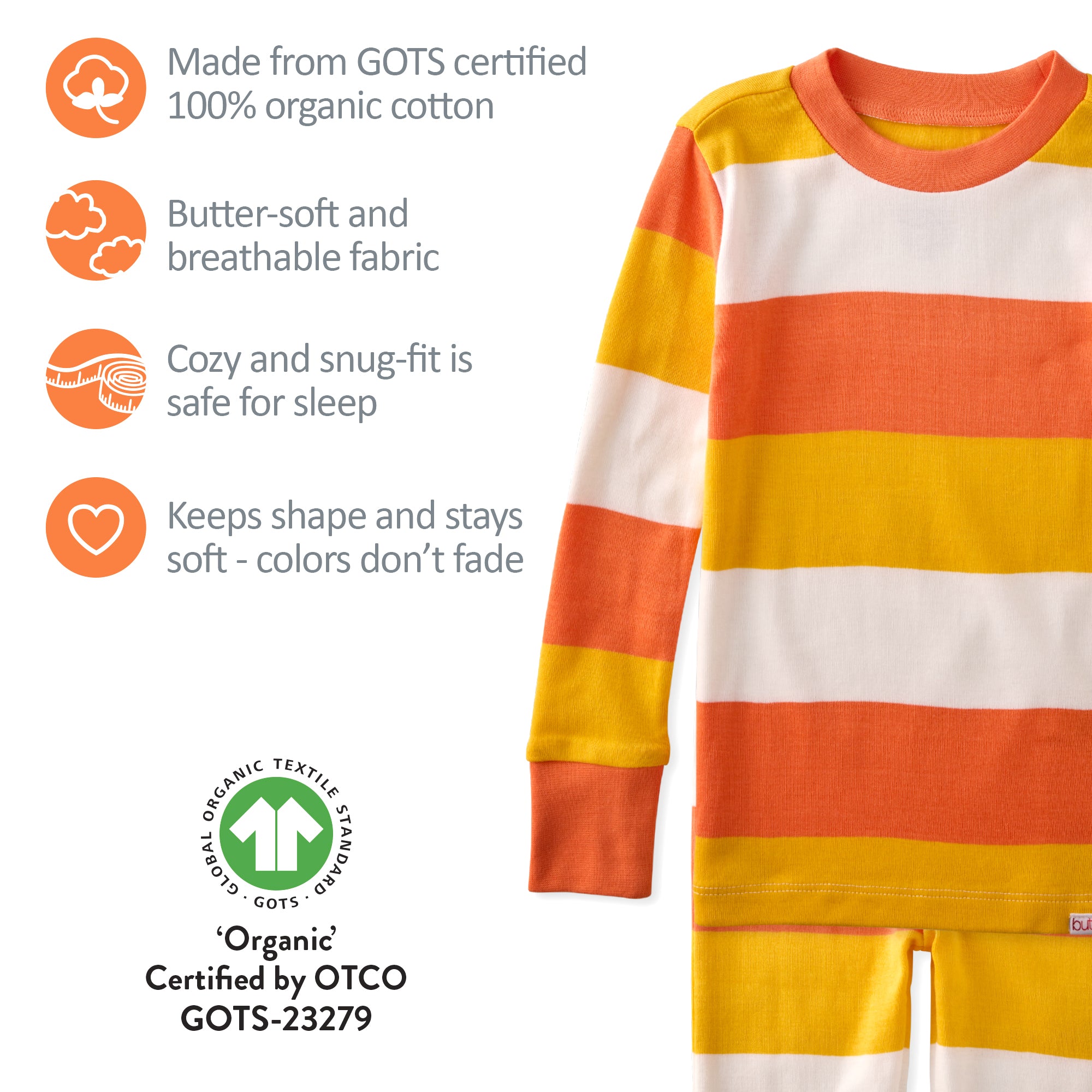 Children's striped pajama set with organic cotton certification details on a white background