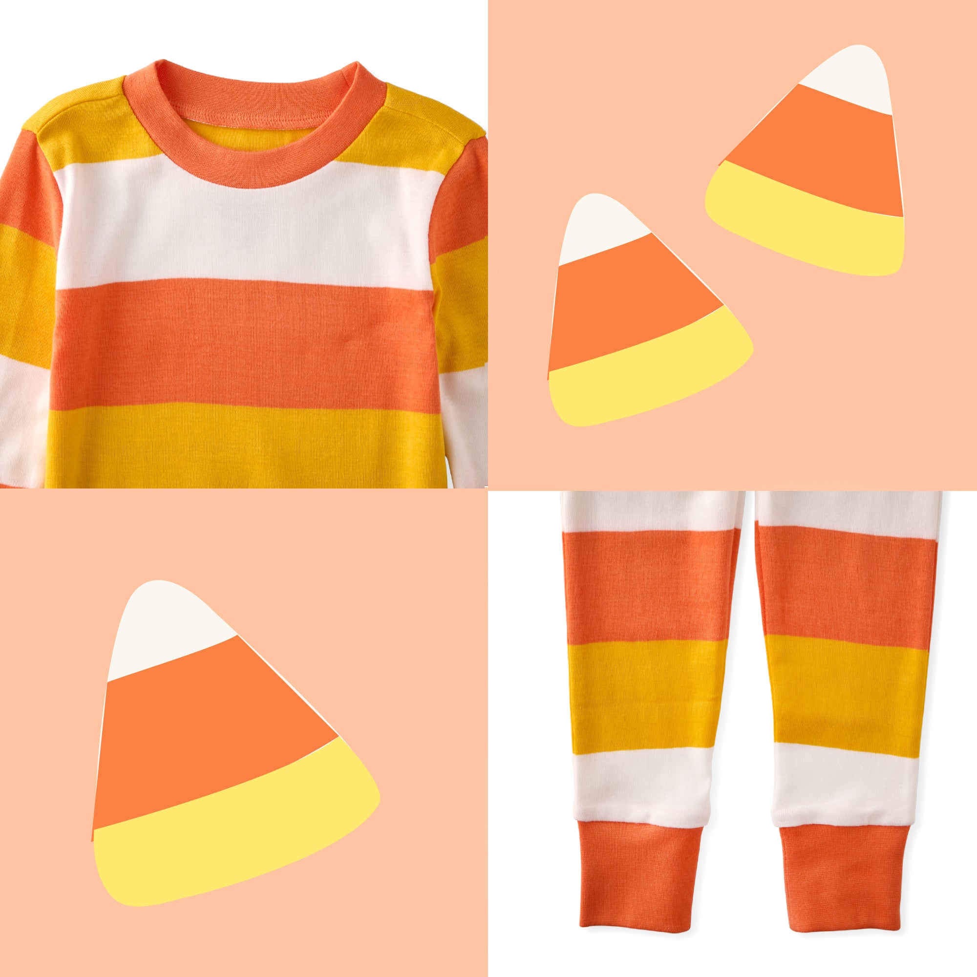 Children's pajama set with candy corn design on a peach background