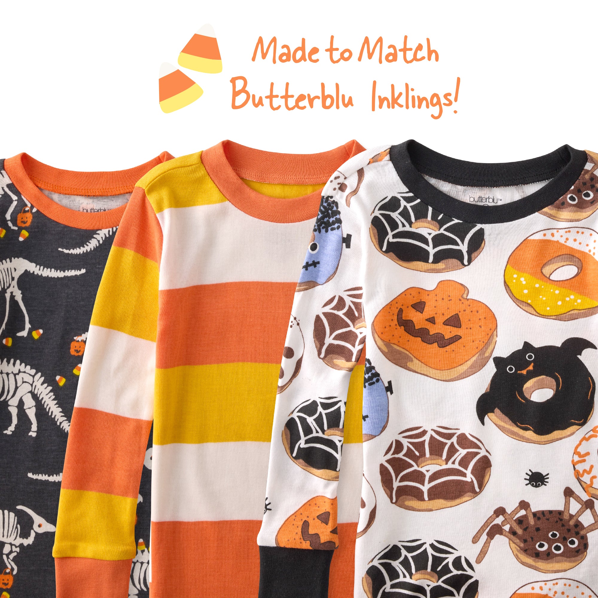 Four children's pajama sets with Halloween-themed designs on a white background.