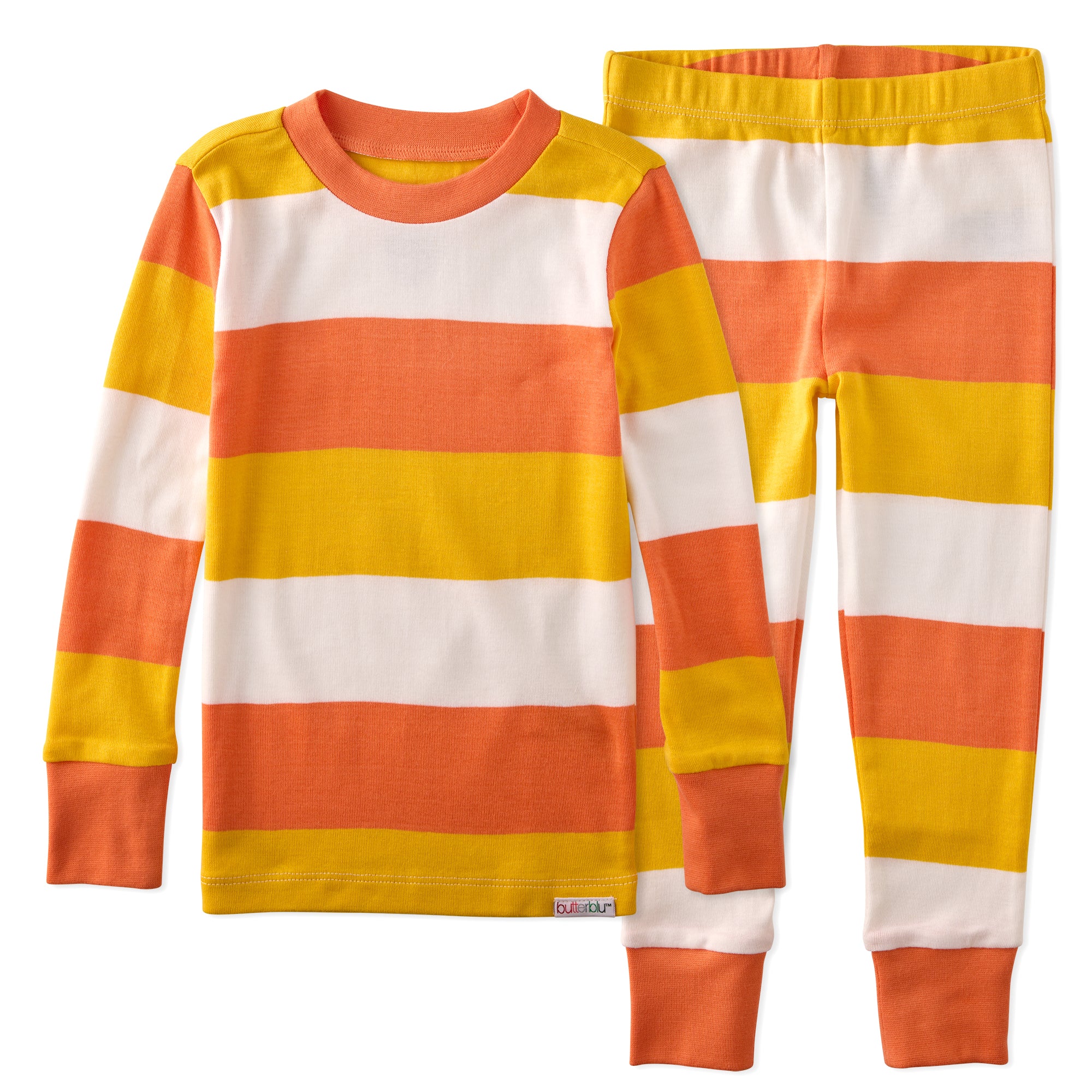 Children's pajama set with orange, yellow, and white stripes on a white background