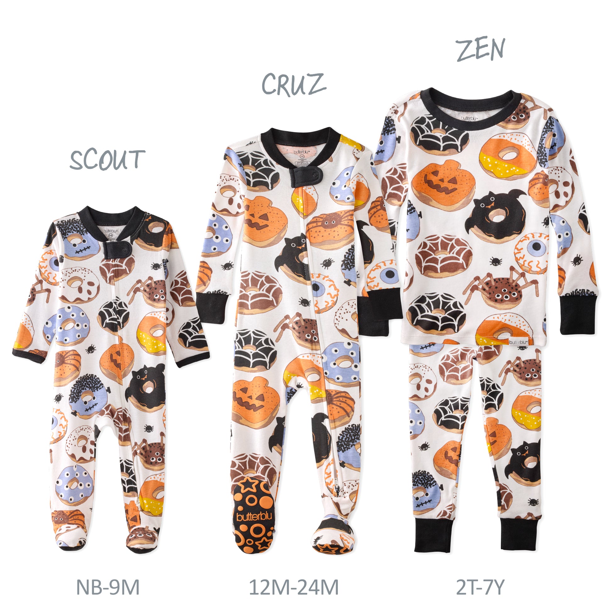 Halloween-themed baby onesies with different sizes labeled on a white background