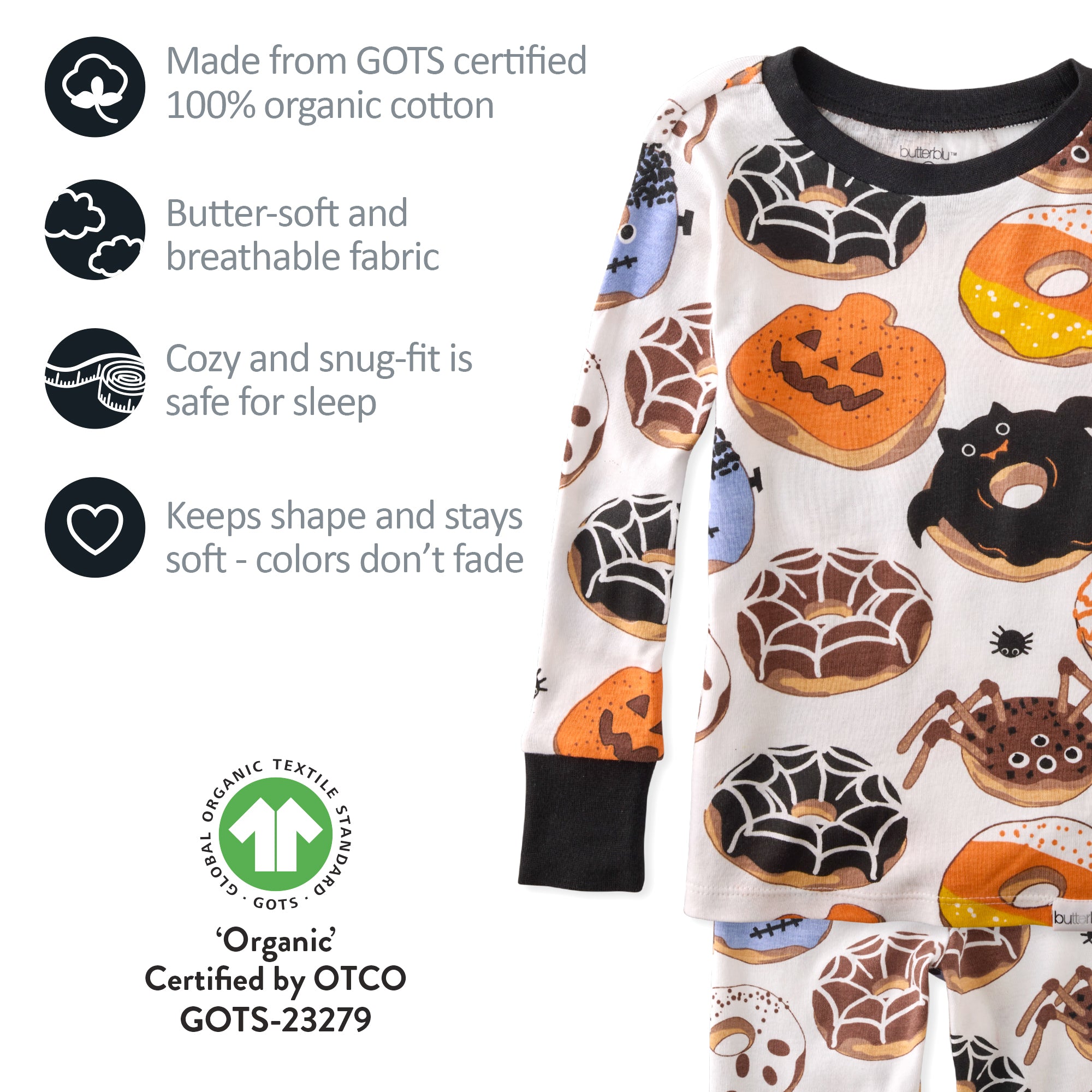 Children's pajama set with Halloween-themed cookies and pumpkins, featuring organic cotton certification.