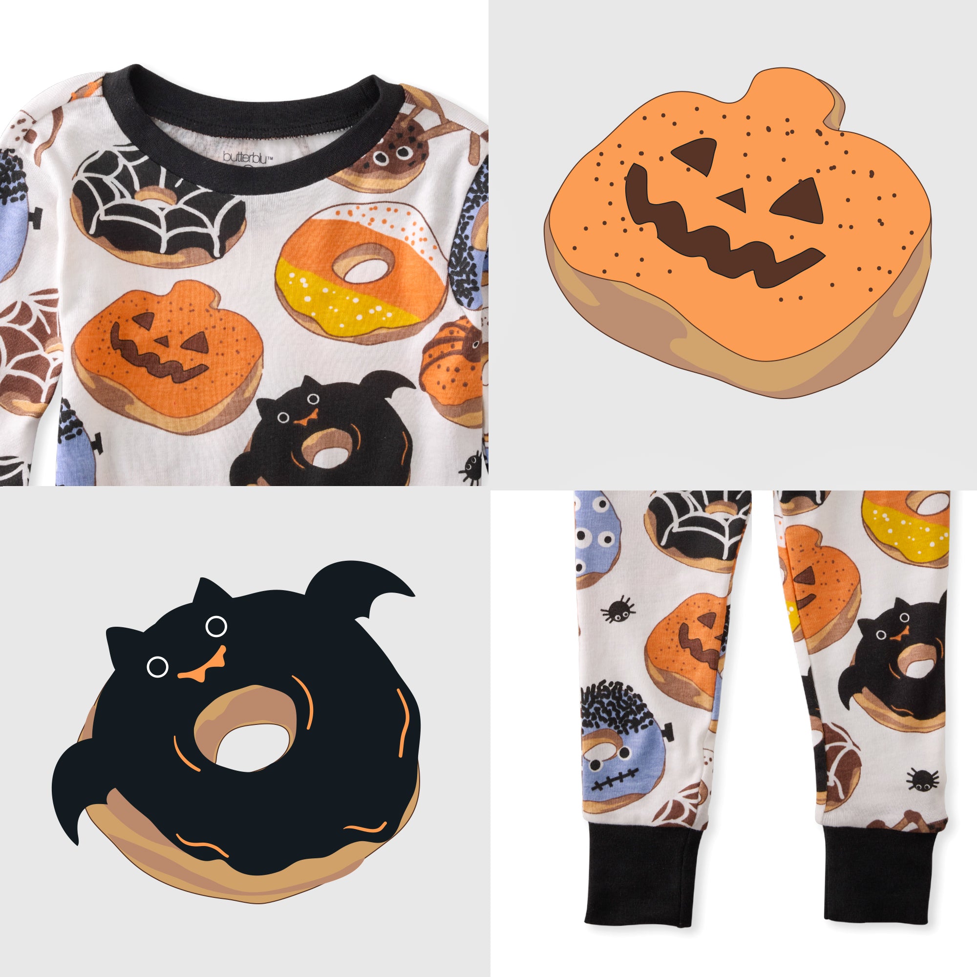 Halloween-themed children's pajama set with cookies and pumpkins on a white background