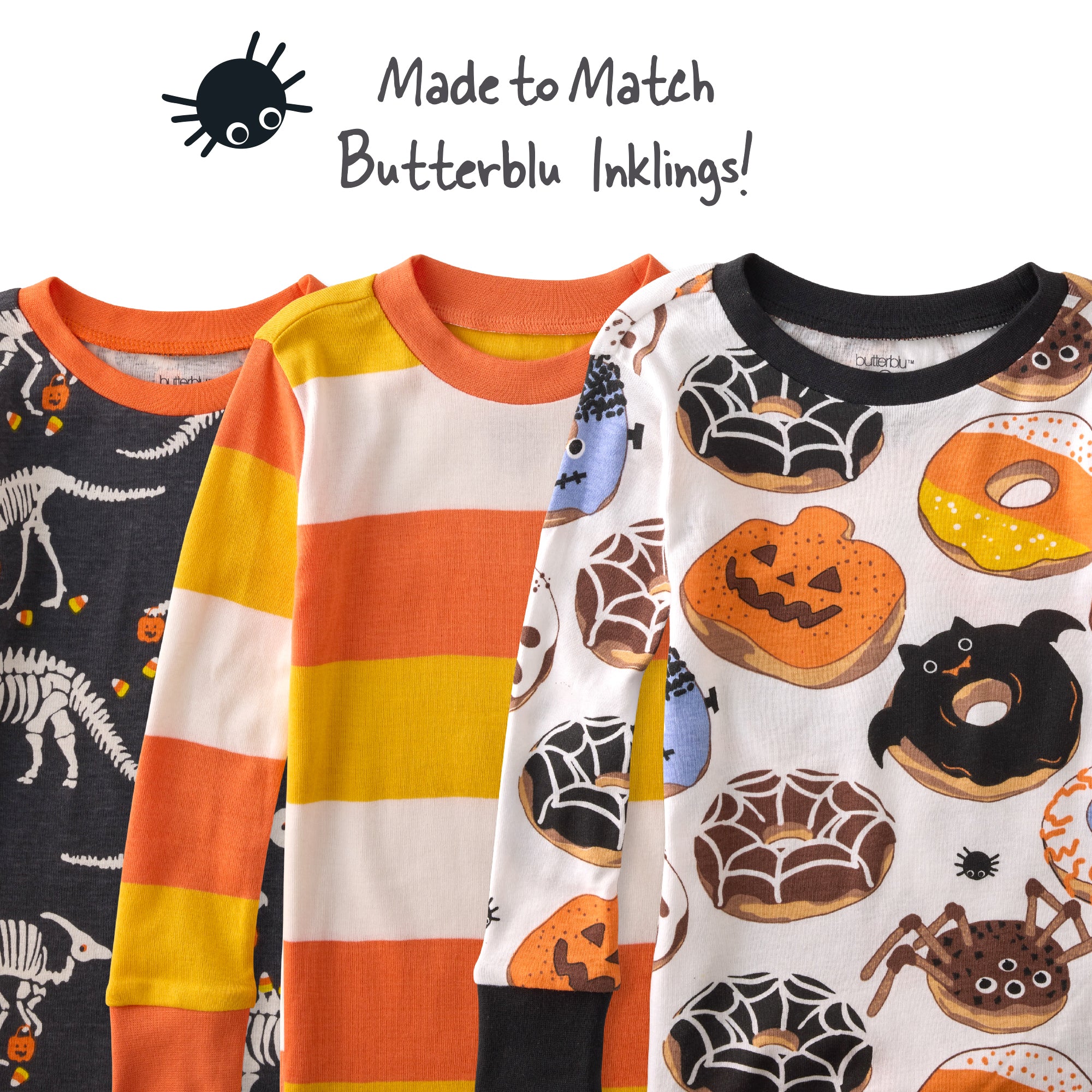 Four children's pajama sets with Halloween-themed designs on a white background.
