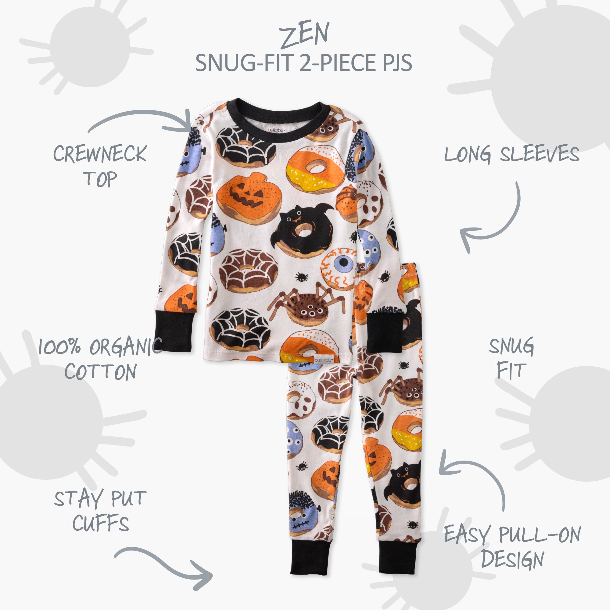 Halloween-themed pajama set with text describing features on a white background