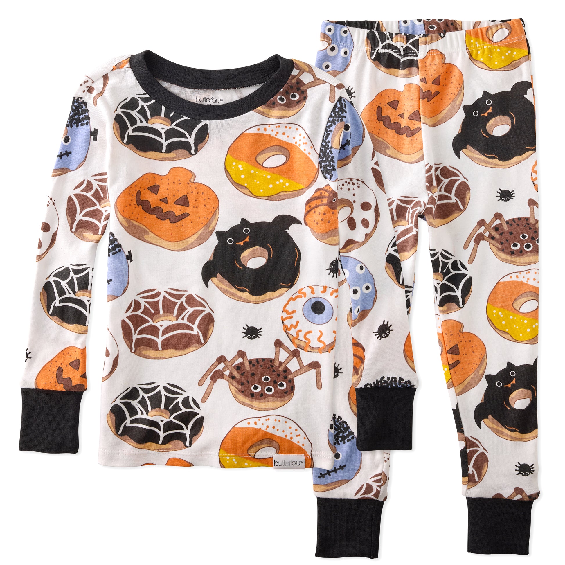Halloween-themed pajama set with donut and pumpkin design on a white background
