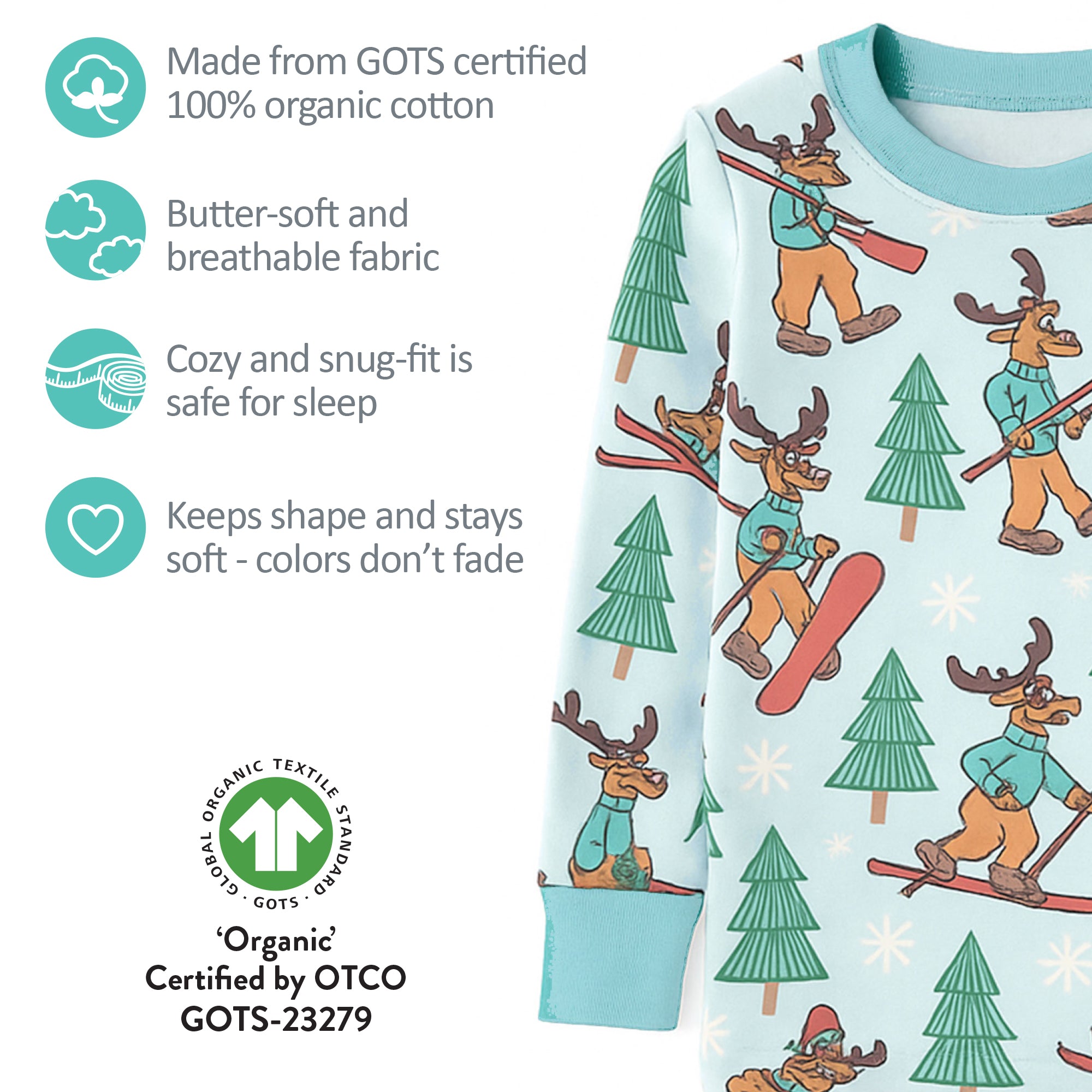 Children's pajama set with moose and tree pattern on a light blue background, featuring GOTS certification details.