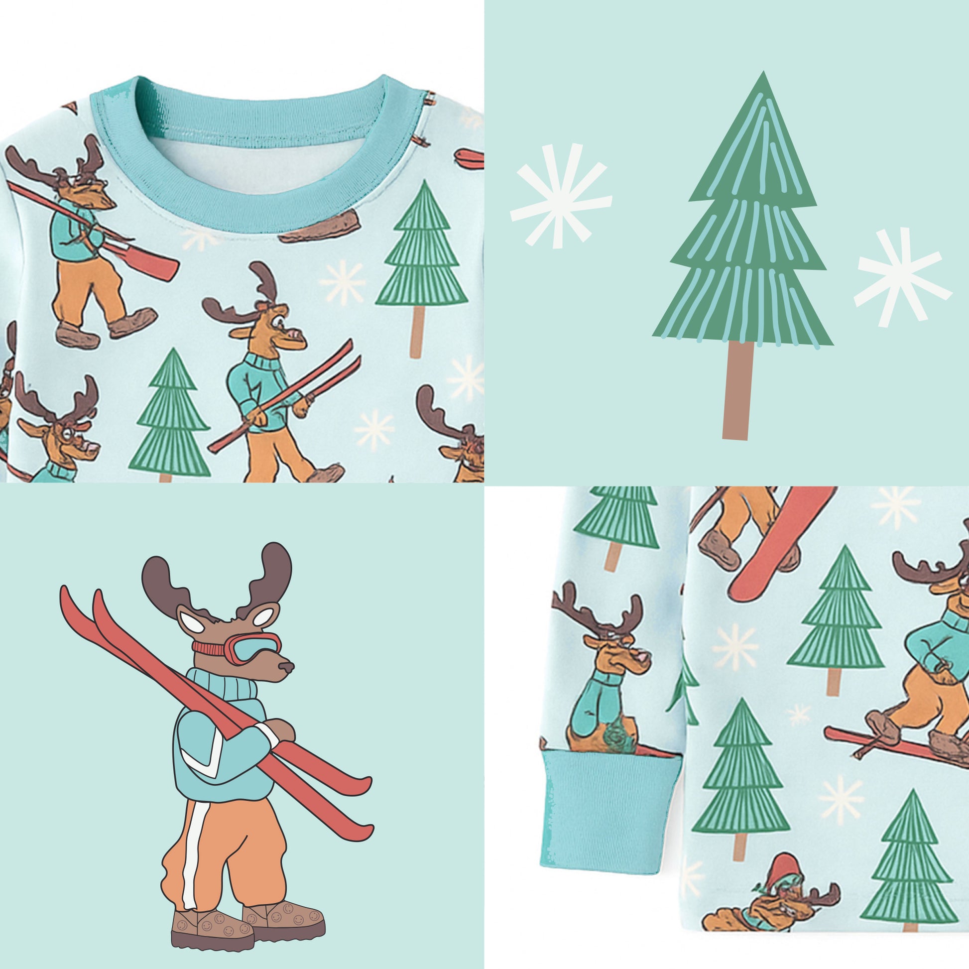 Children's pajama set with moose and tree design on a light blue background