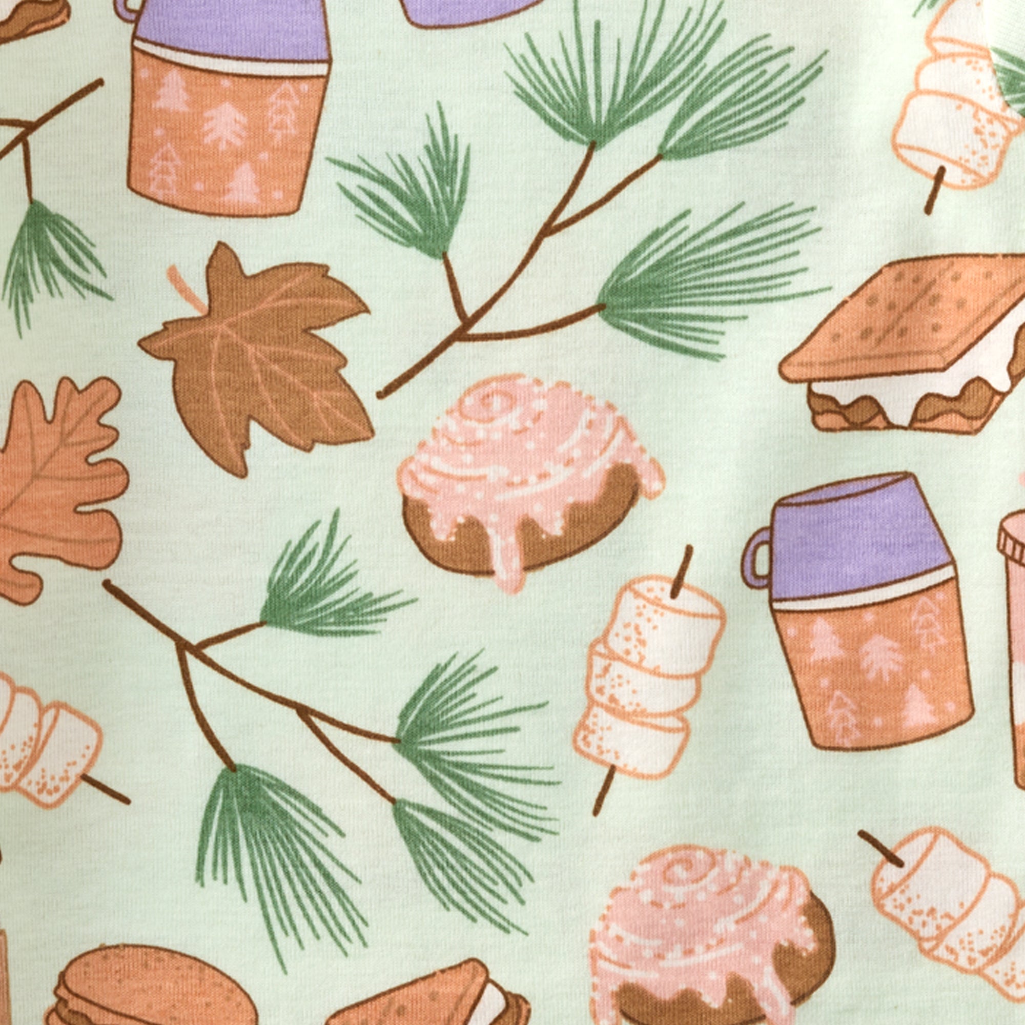 Pattern of donuts, marshmallows, and camping mugs on a light green background