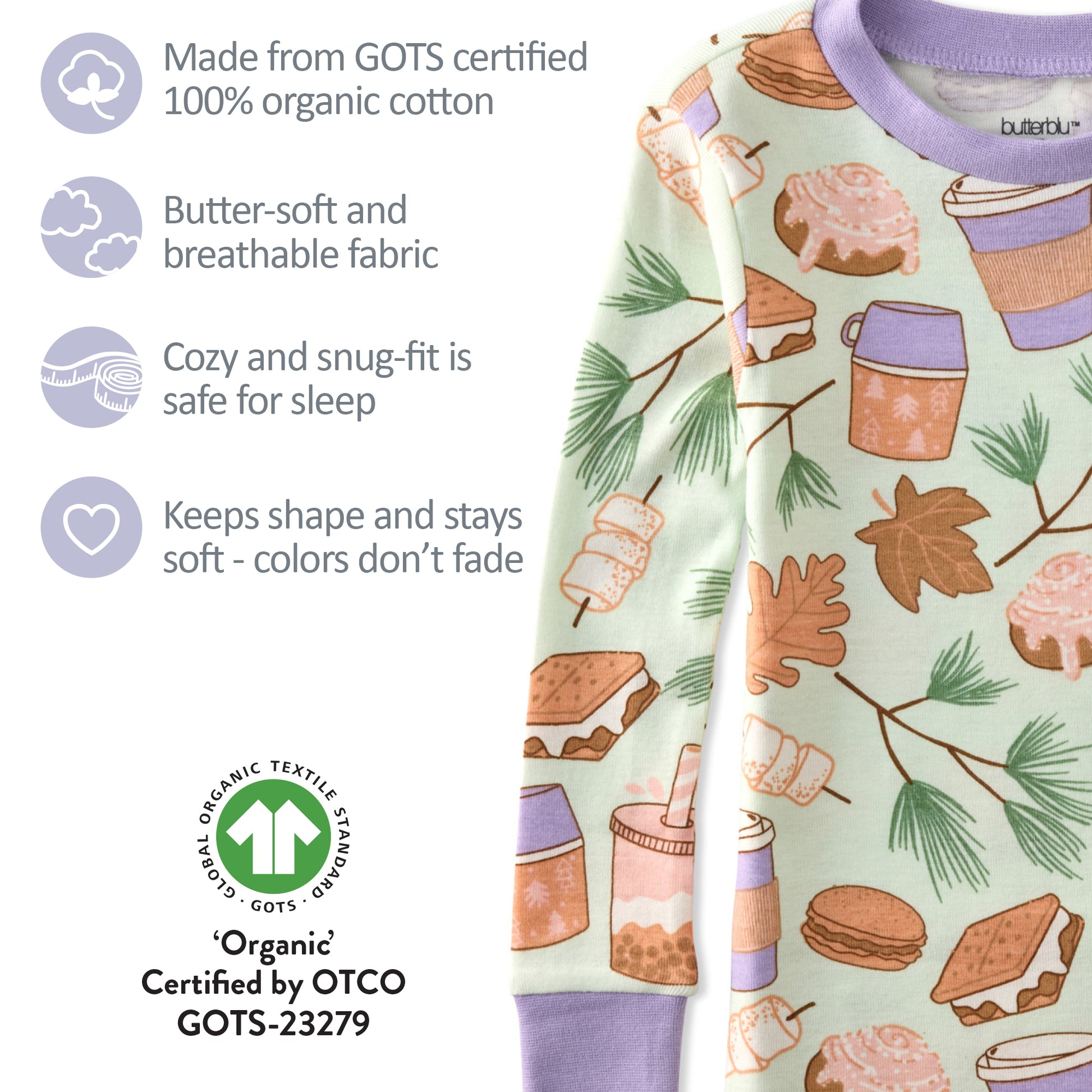 Children's pajama set with food and nature pattern, featuring organic cotton certification details.