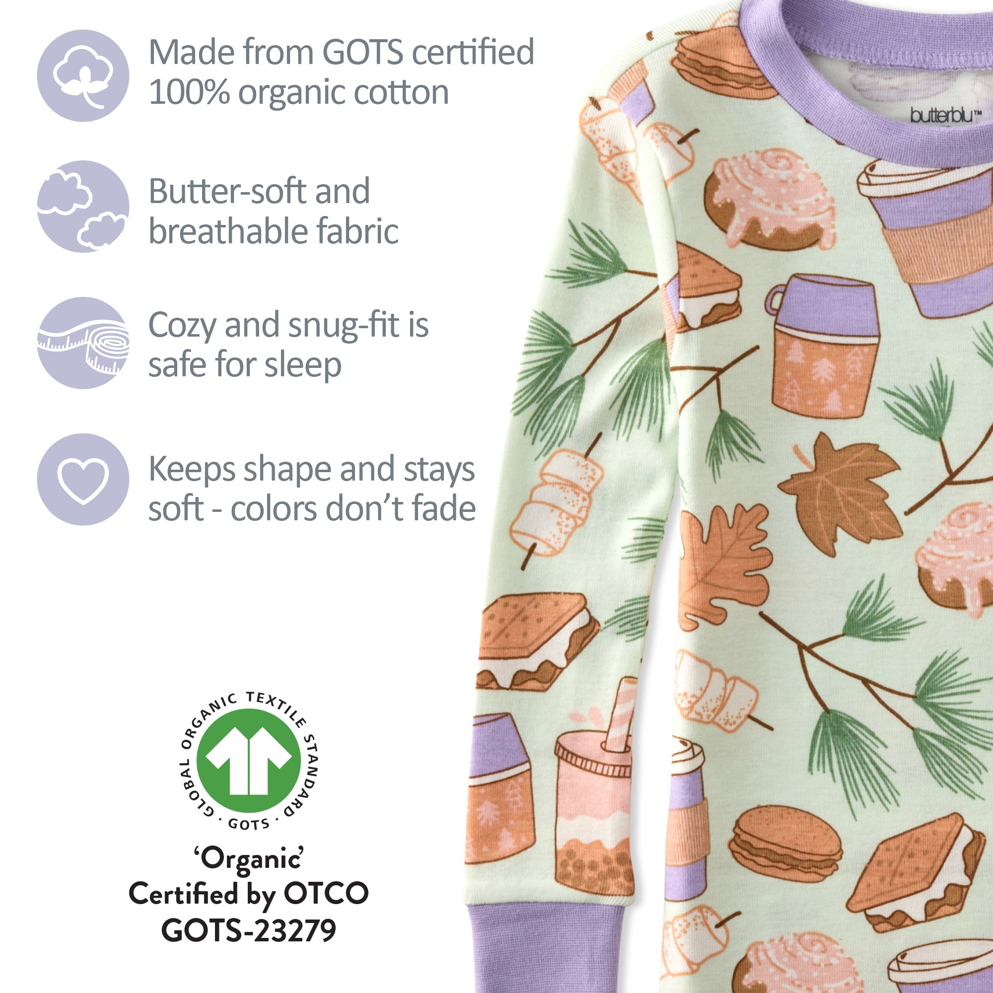 Children's pajama set with food and nature pattern, featuring organic cotton certification details.