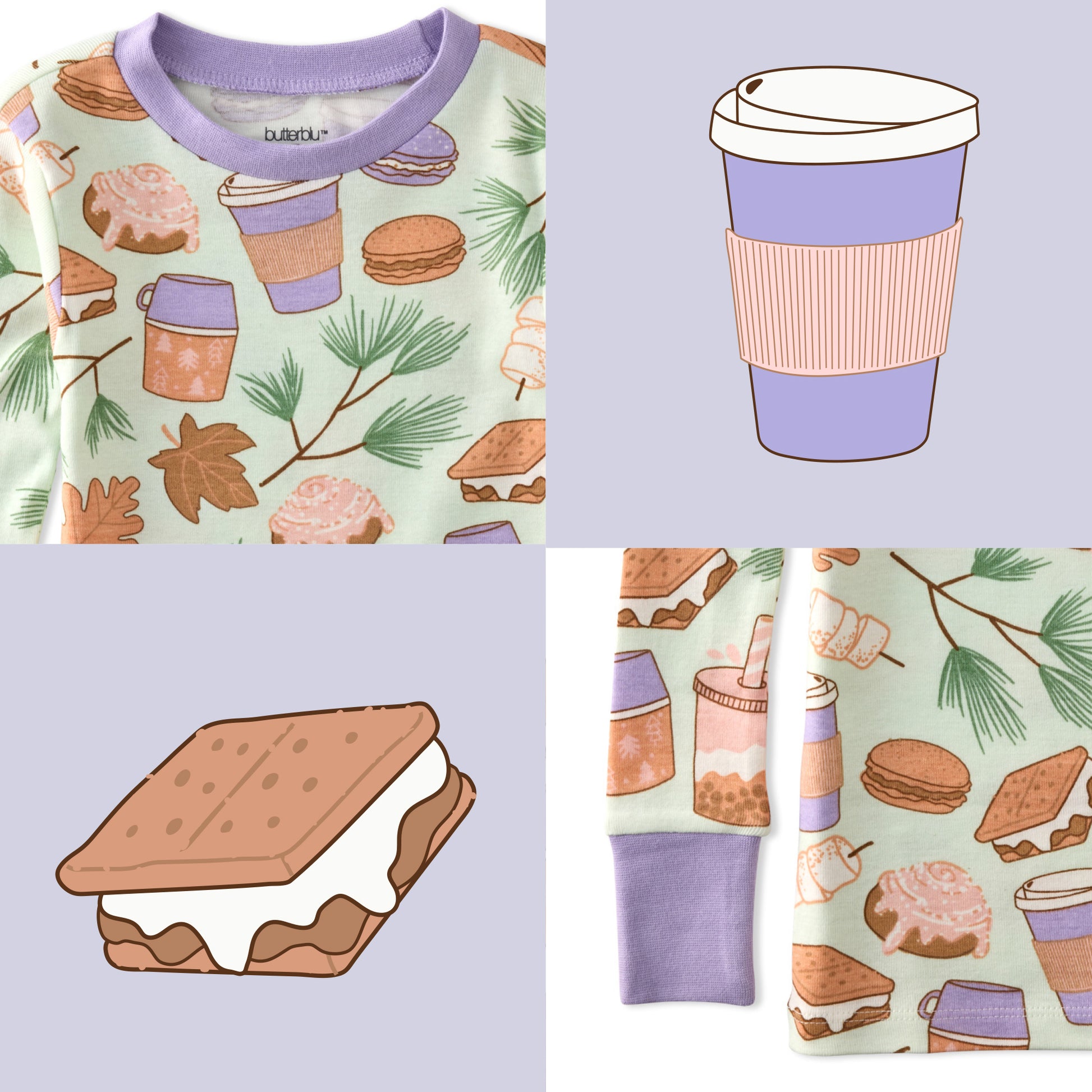 Children's pajama set with food-themed pattern on a light green background