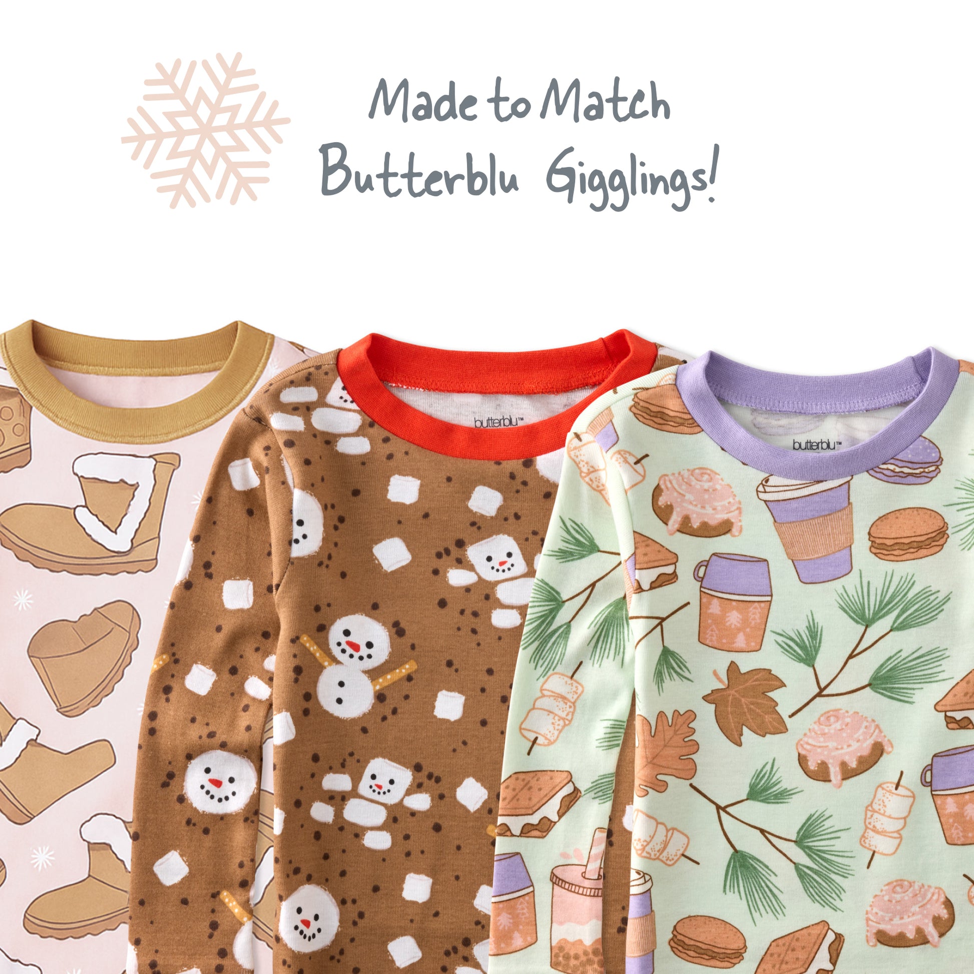 Four children's shirts with different patterns on a white background, labeled 'Made to Match Butterblu Gigglings'.