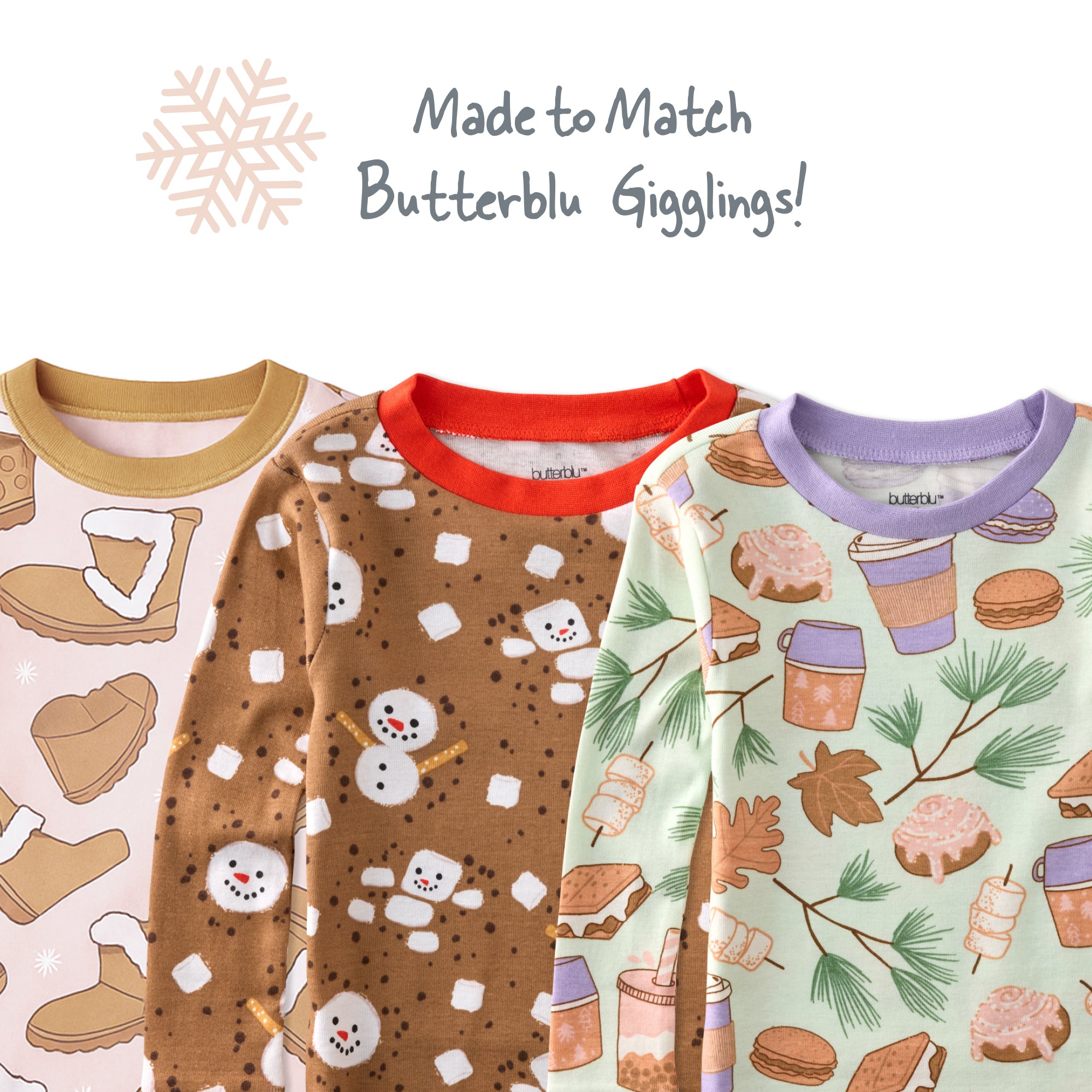 Four children's shirts with different patterns on a white background, labeled 'Made to Match Butterblu Gigglings'.