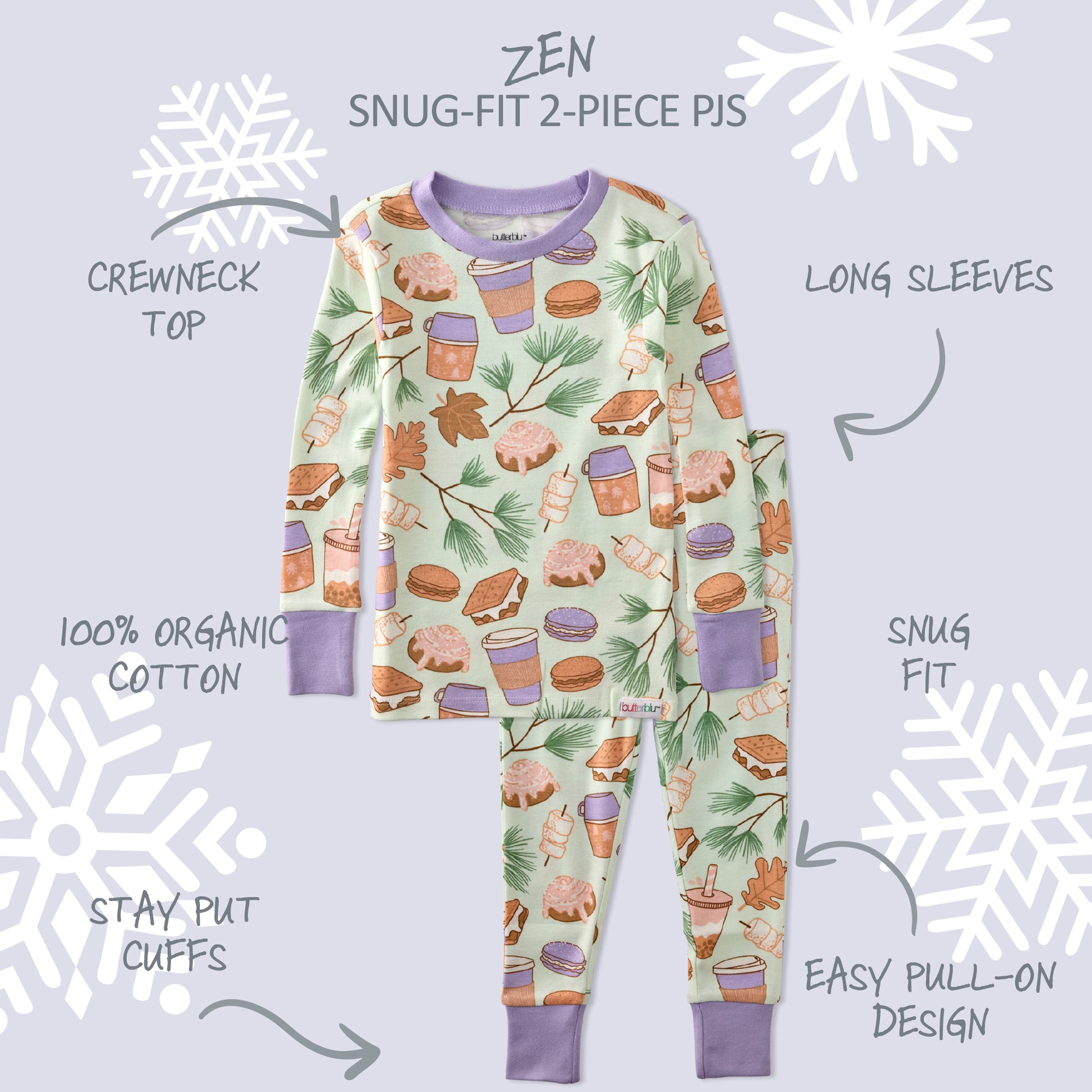 Children's pajama set with features highlighted on a light purple background