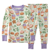 Children's pajama set with a colorful pattern on a white background