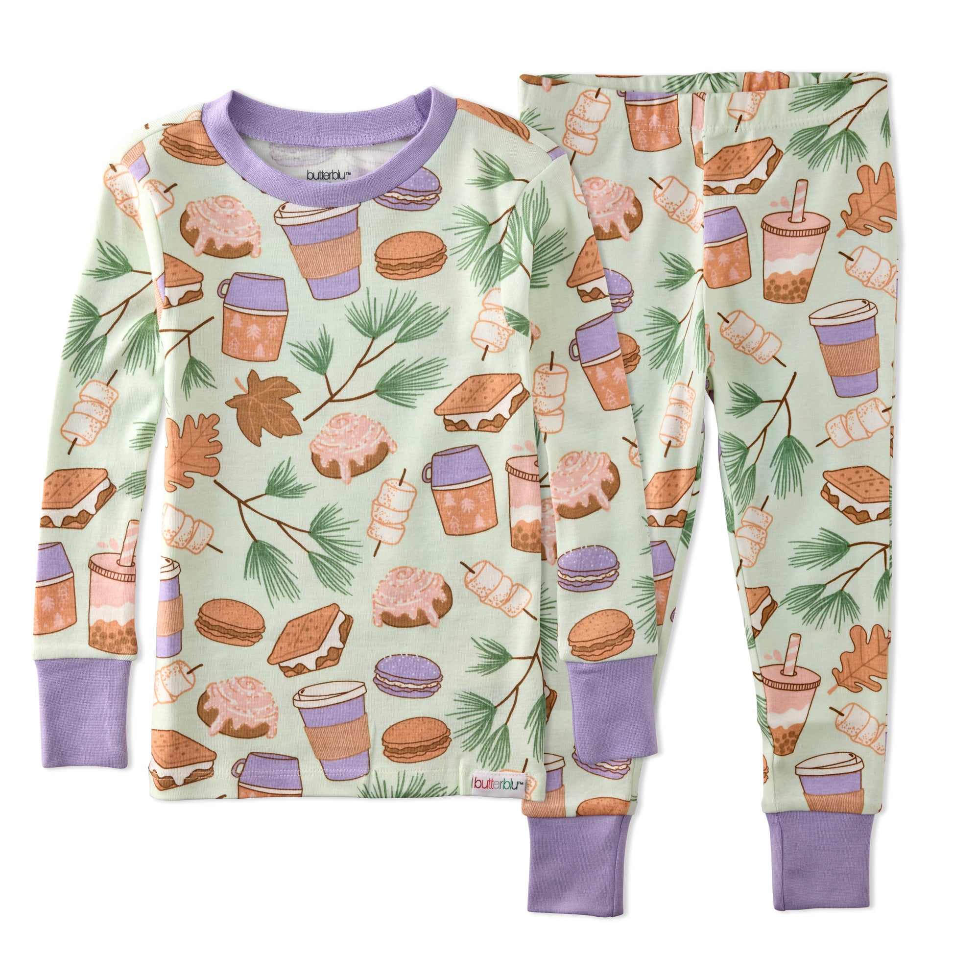 Children's pajama set with a colorful pattern on a white background