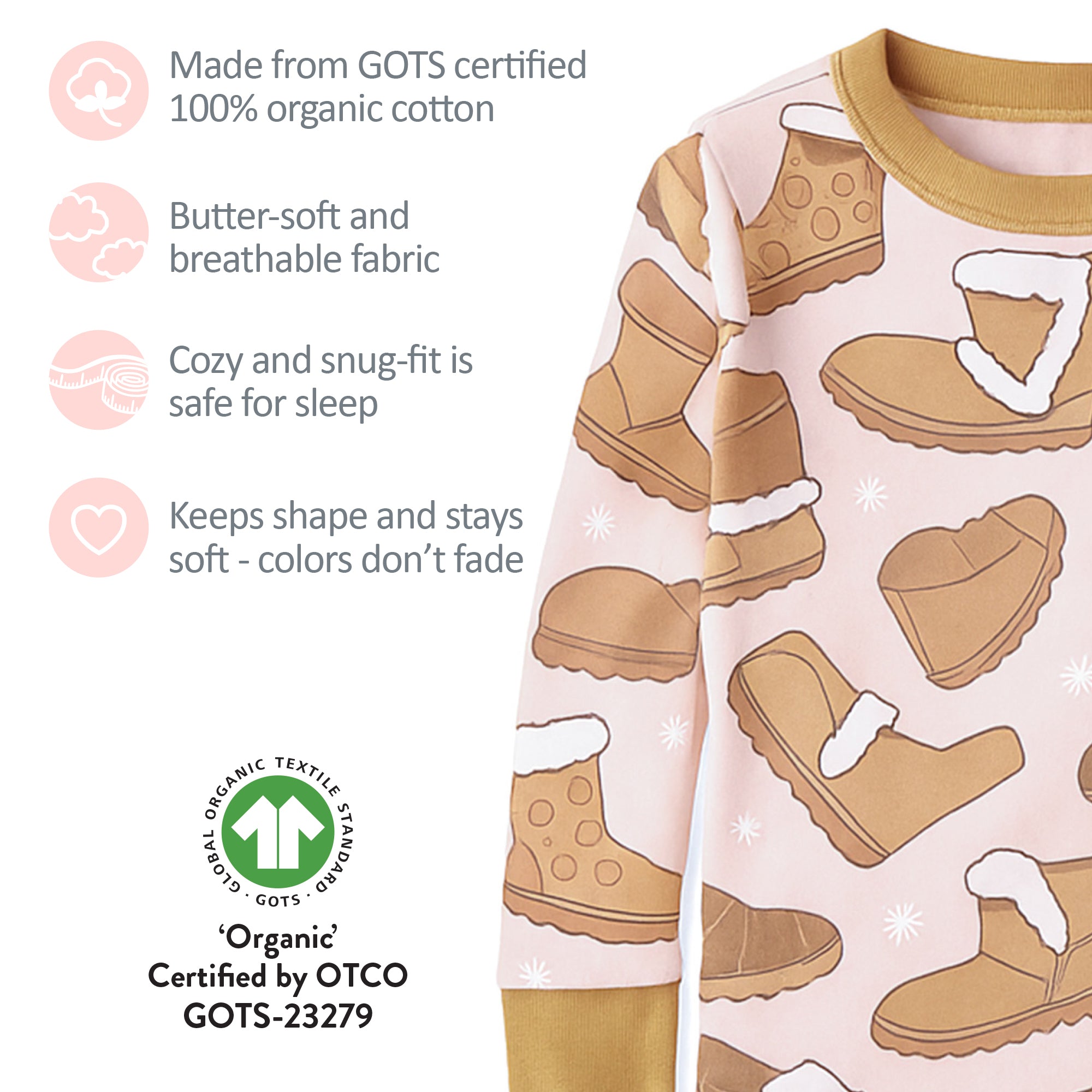 Children's pajama set with boot pattern and organic cotton certification details.