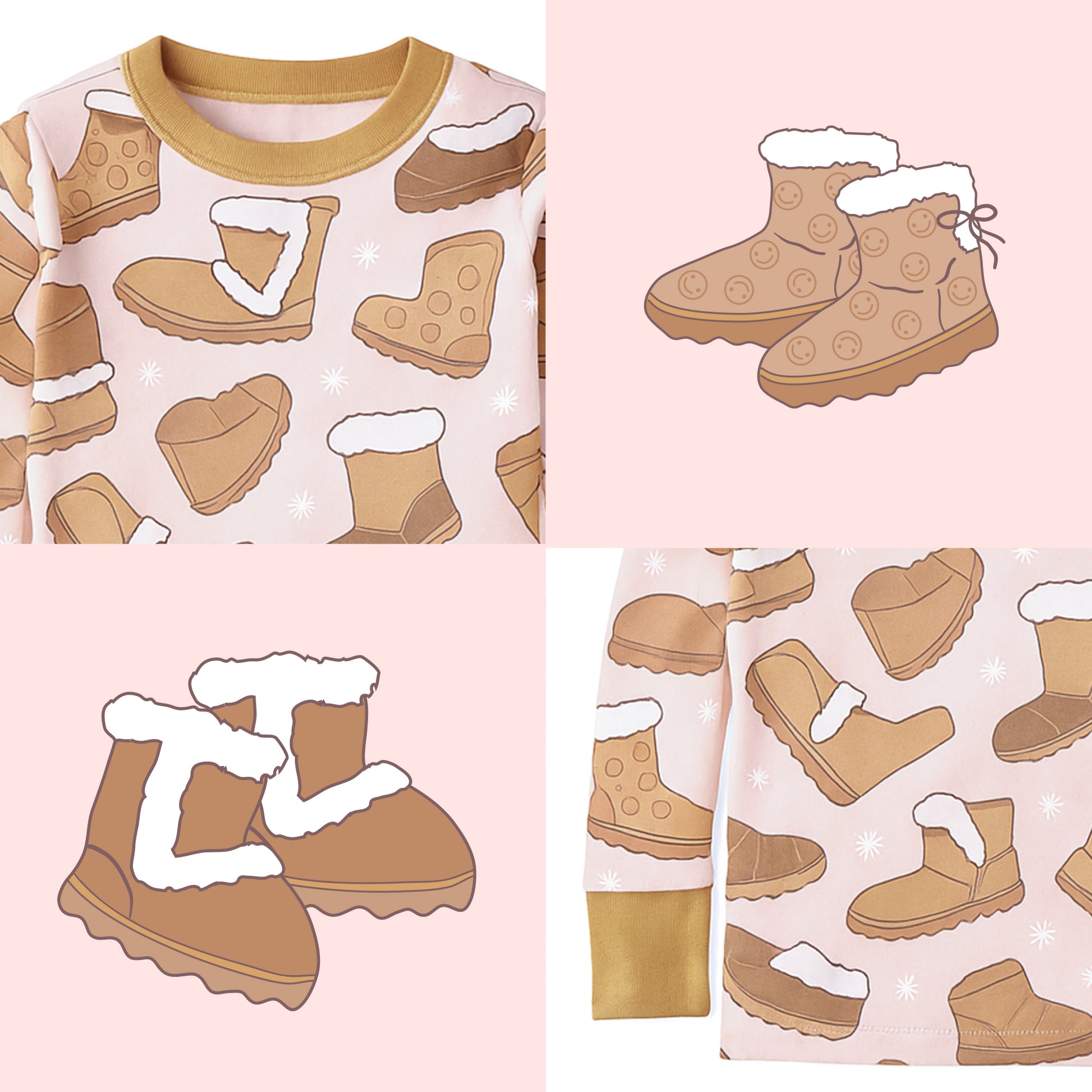 Children's pajama set with brown boot pattern on a pink background