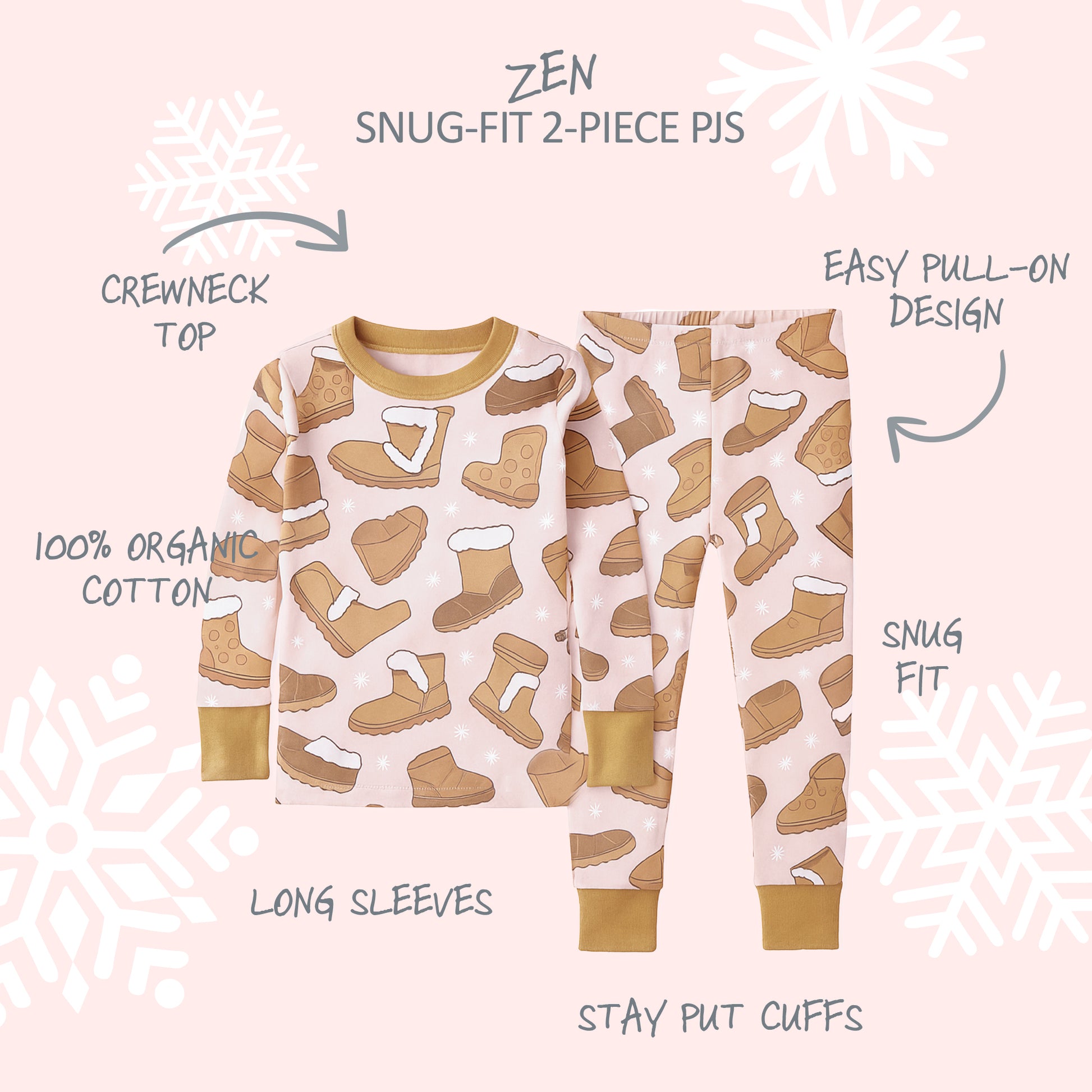 Children's pajama set with boot pattern on a pink background