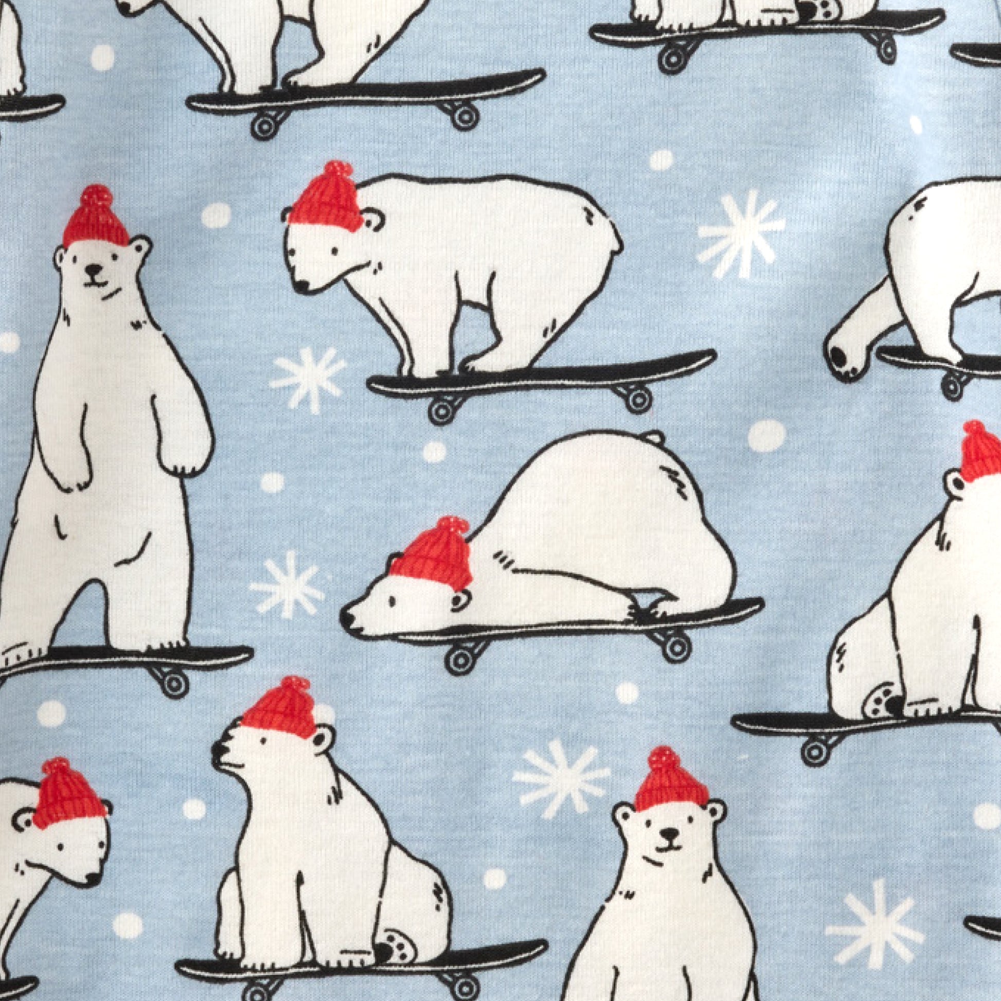 Pattern of polar bears wearing red hats and riding skateboards on a light blue background with white snowflakes.