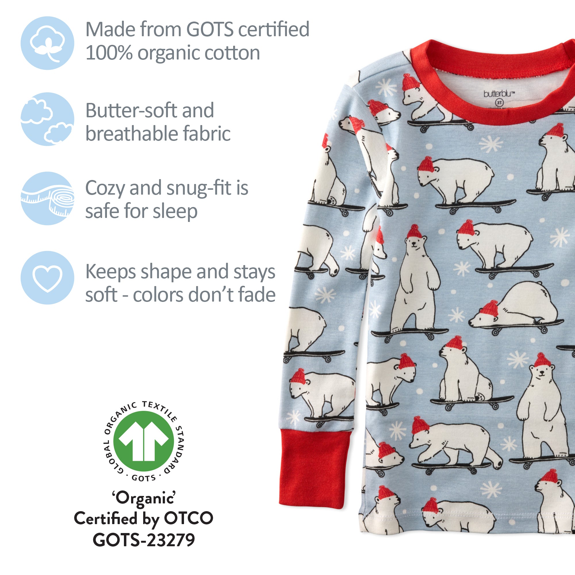 Children's pajama set with polar bear pattern on a light blue background, featuring GOTS certification.