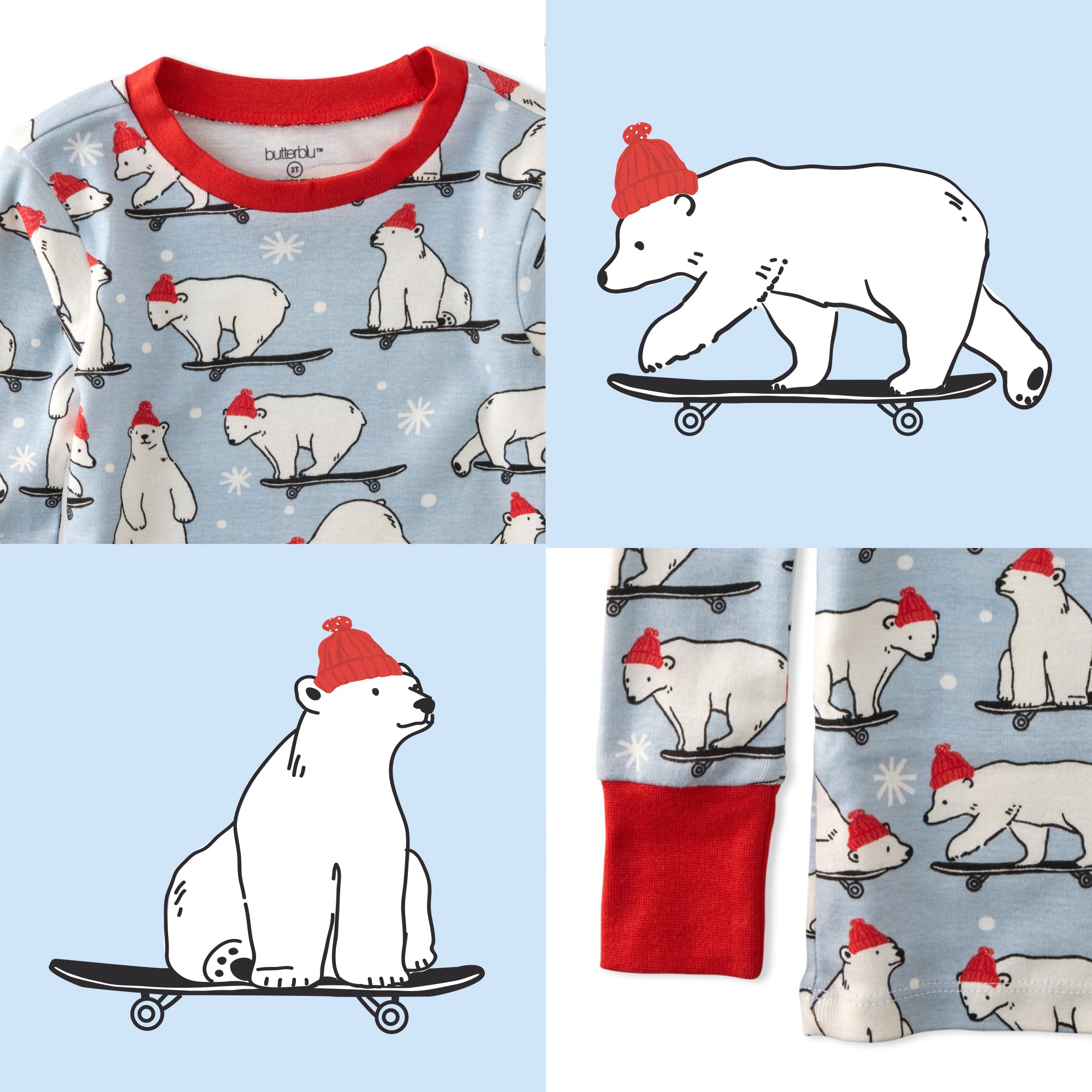 Children's pajama set with polar bear design on a blue background
