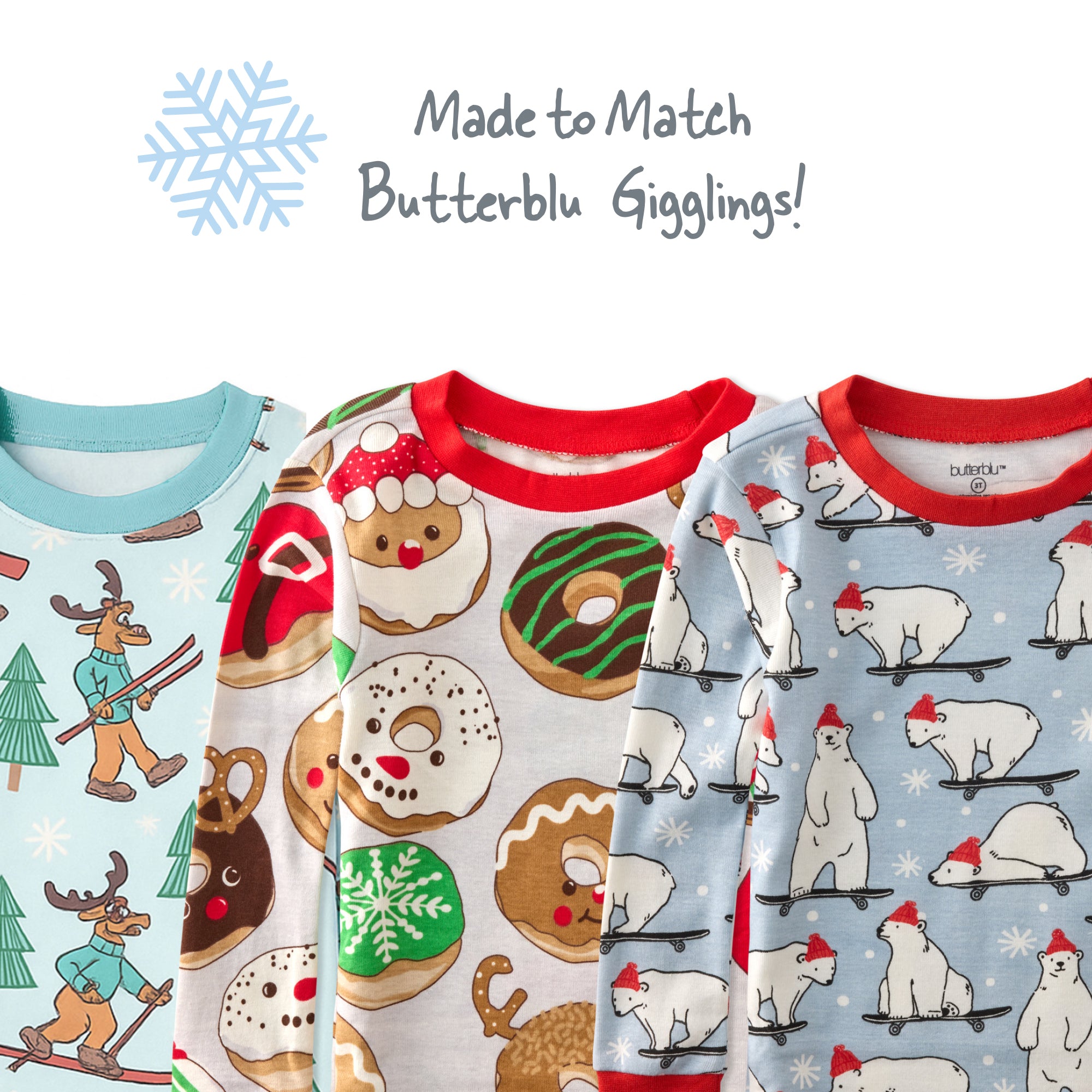 Four children's pajama sets with various patterns on a white background.