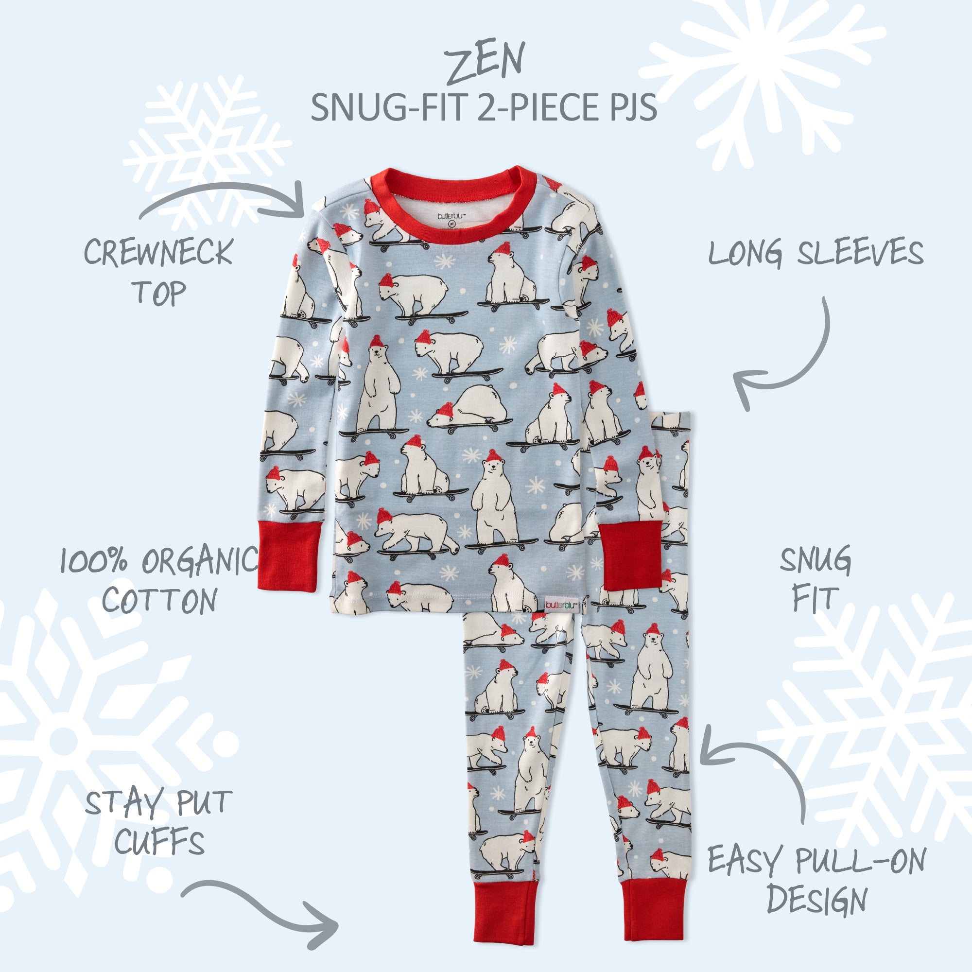 Children's pajama set with polar bear pattern on a light blue background with snowflakes.