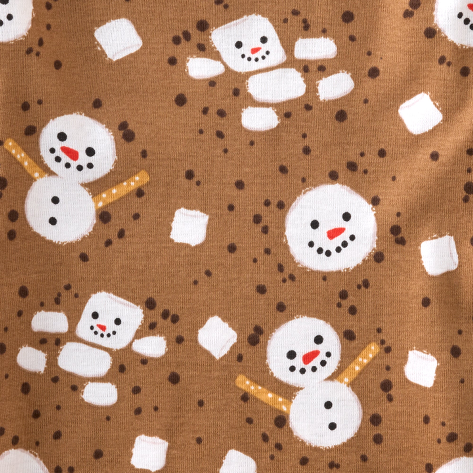 Pattern of snowmen and marshmallows on a brown background
