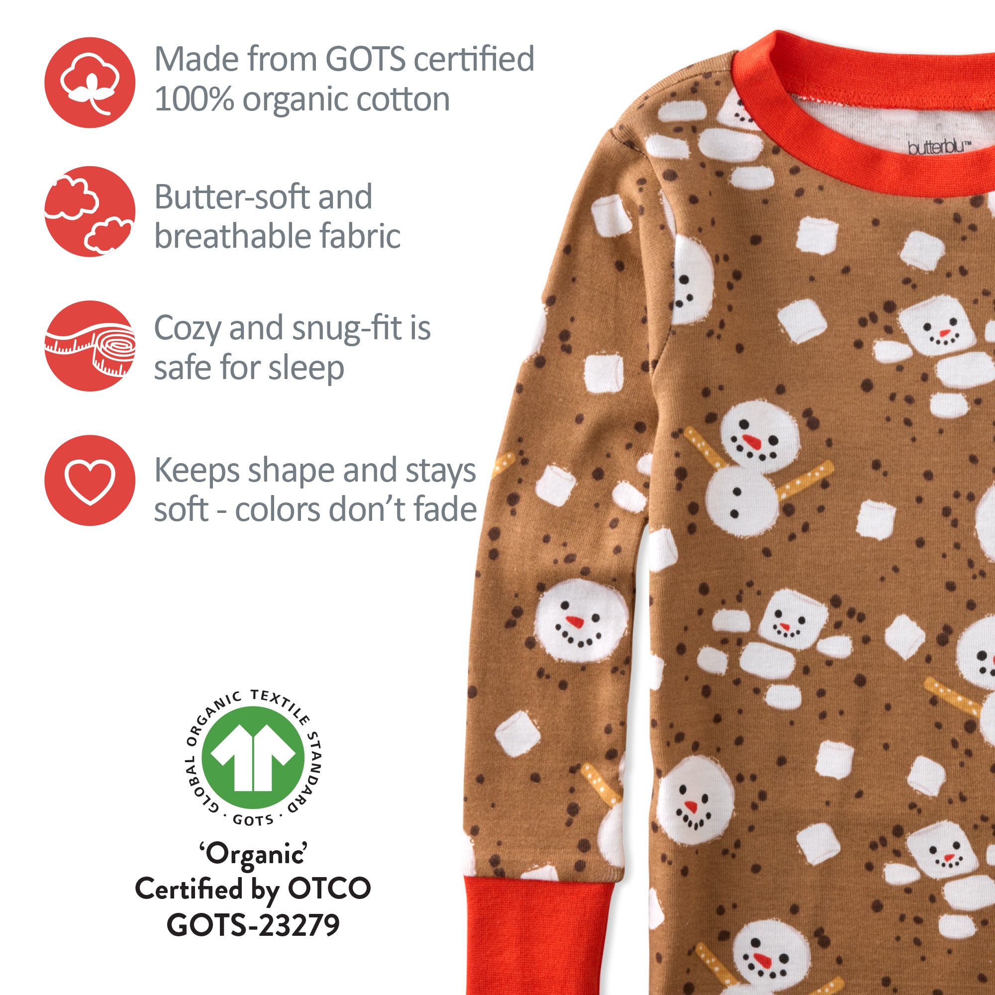 Children's pajama with snowman pattern on a brown background, featuring GOTS certification.