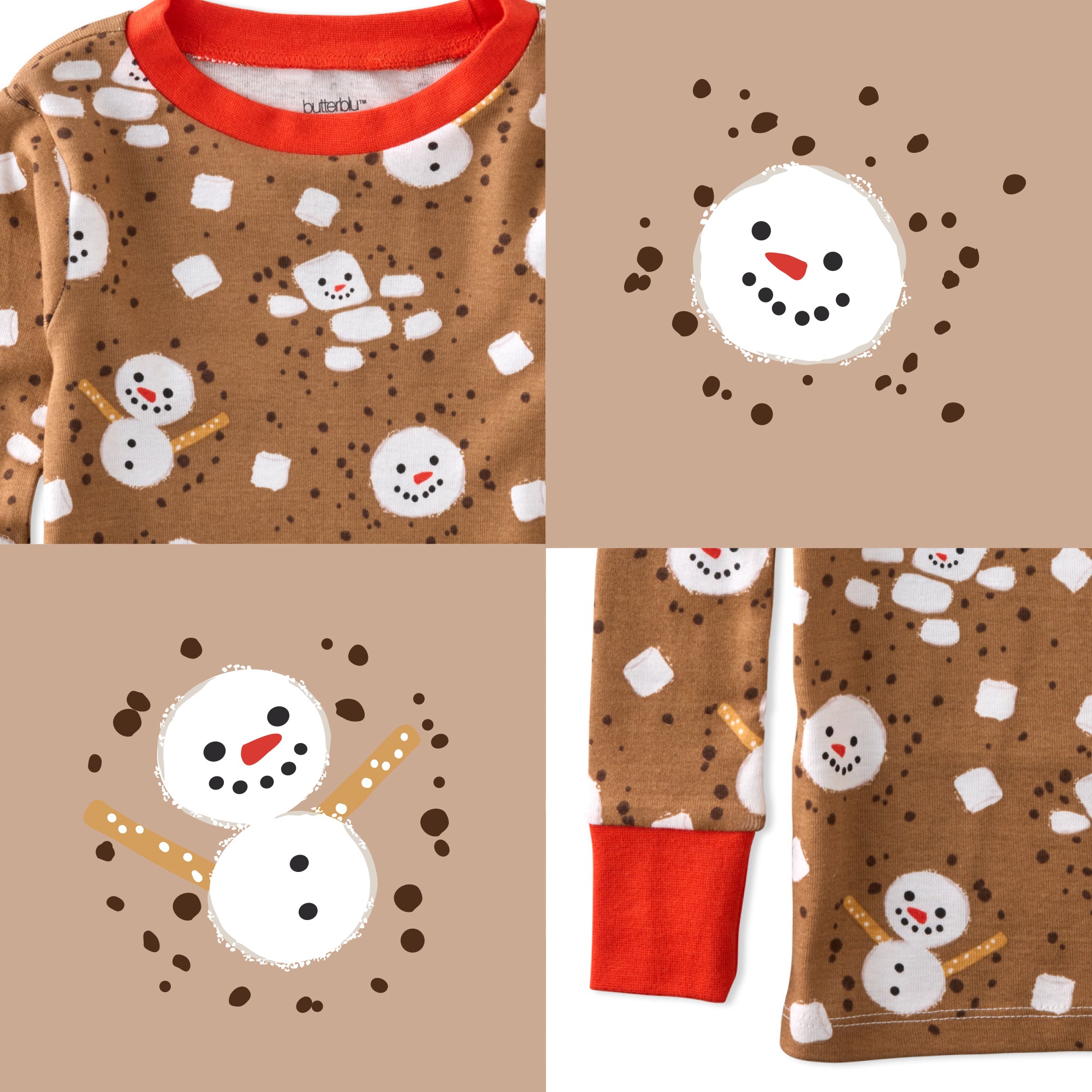 Children's pajama set with snowman pattern on a brown background
