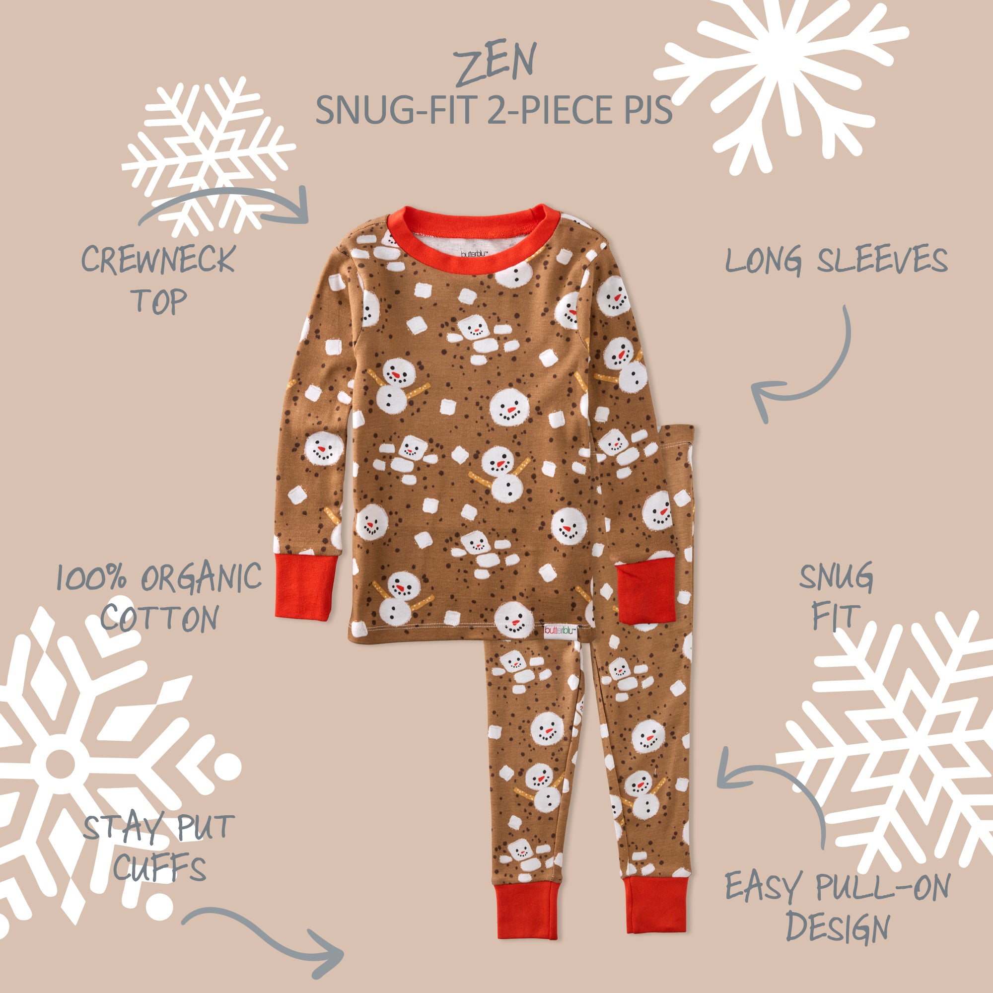 Children's pajama set with snowman pattern on a beige background with snowflake graphics.