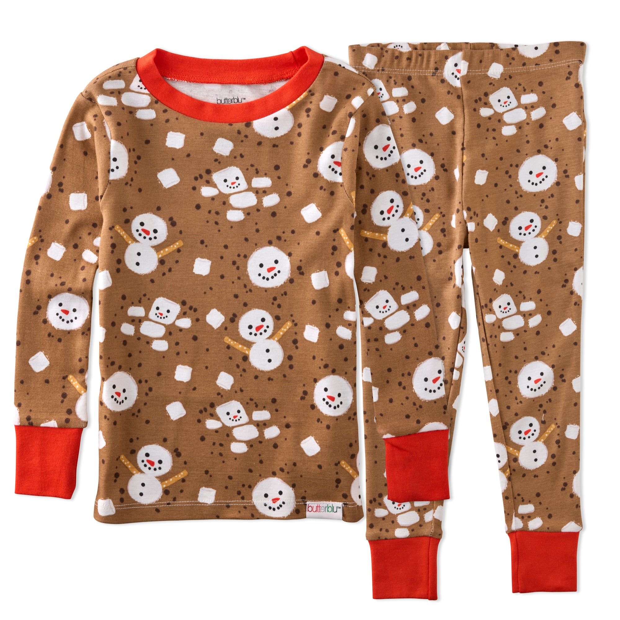 Children's pajama set with snowman pattern on a brown background