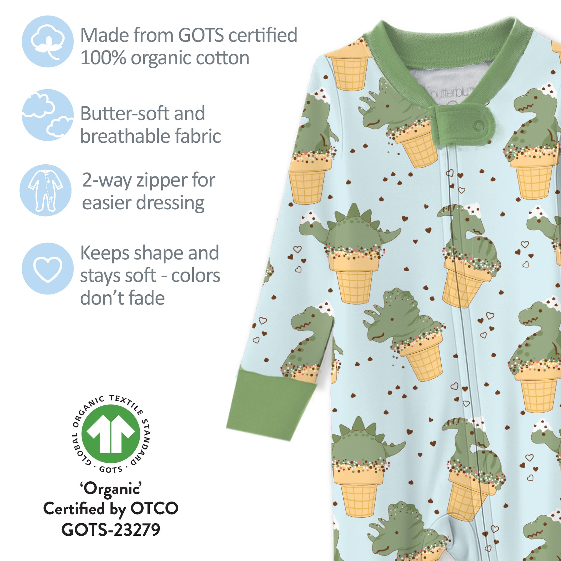 Butterblu Cruz snug-fit footed baby boys pajamas in Dino Scream — GOTS-certified organic cotton zippered sleepers for baby boys