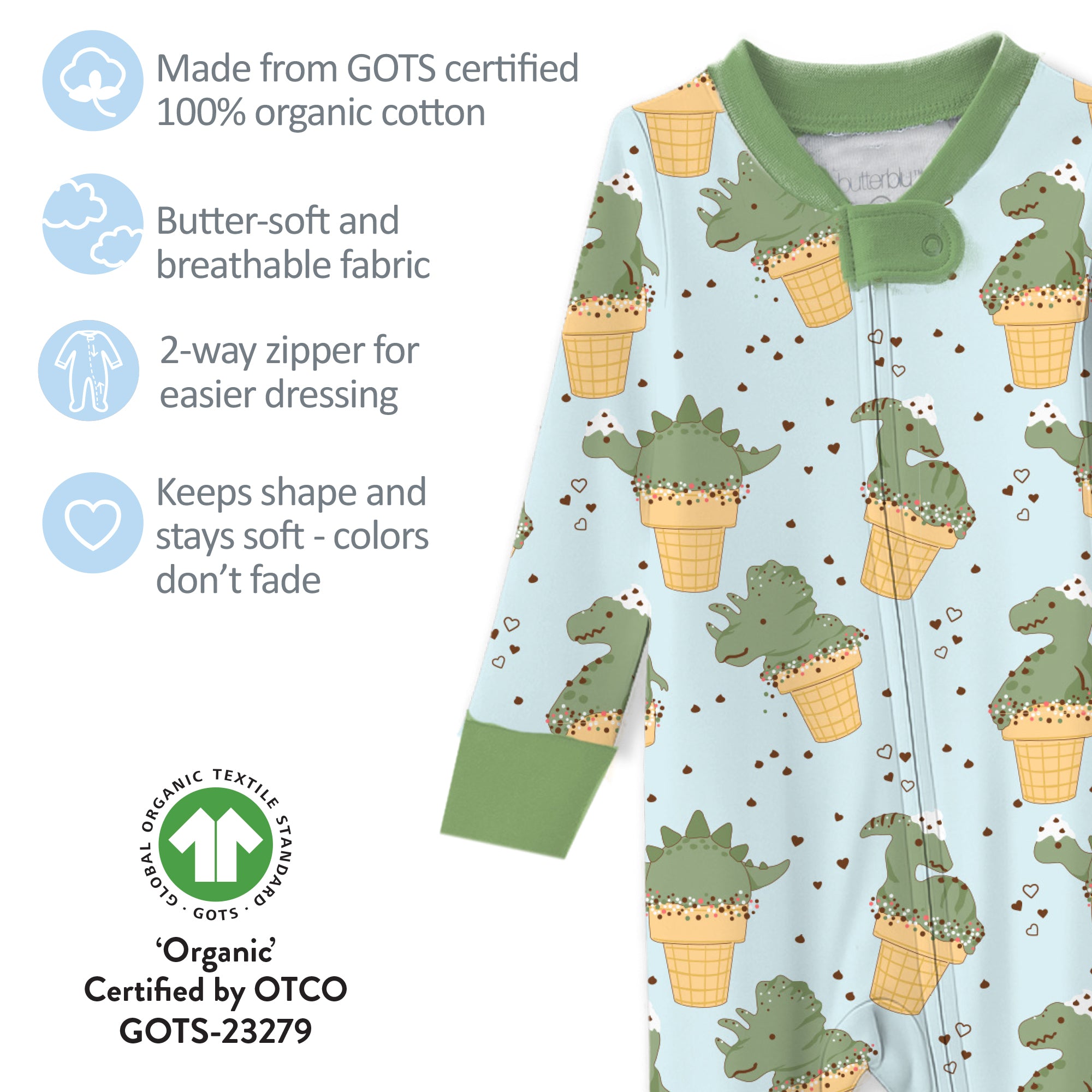 Butterblu Cruz snug-fit footed baby boys pajamas in Dino Scream — GOTS-certified organic cotton zippered sleepers for baby boys