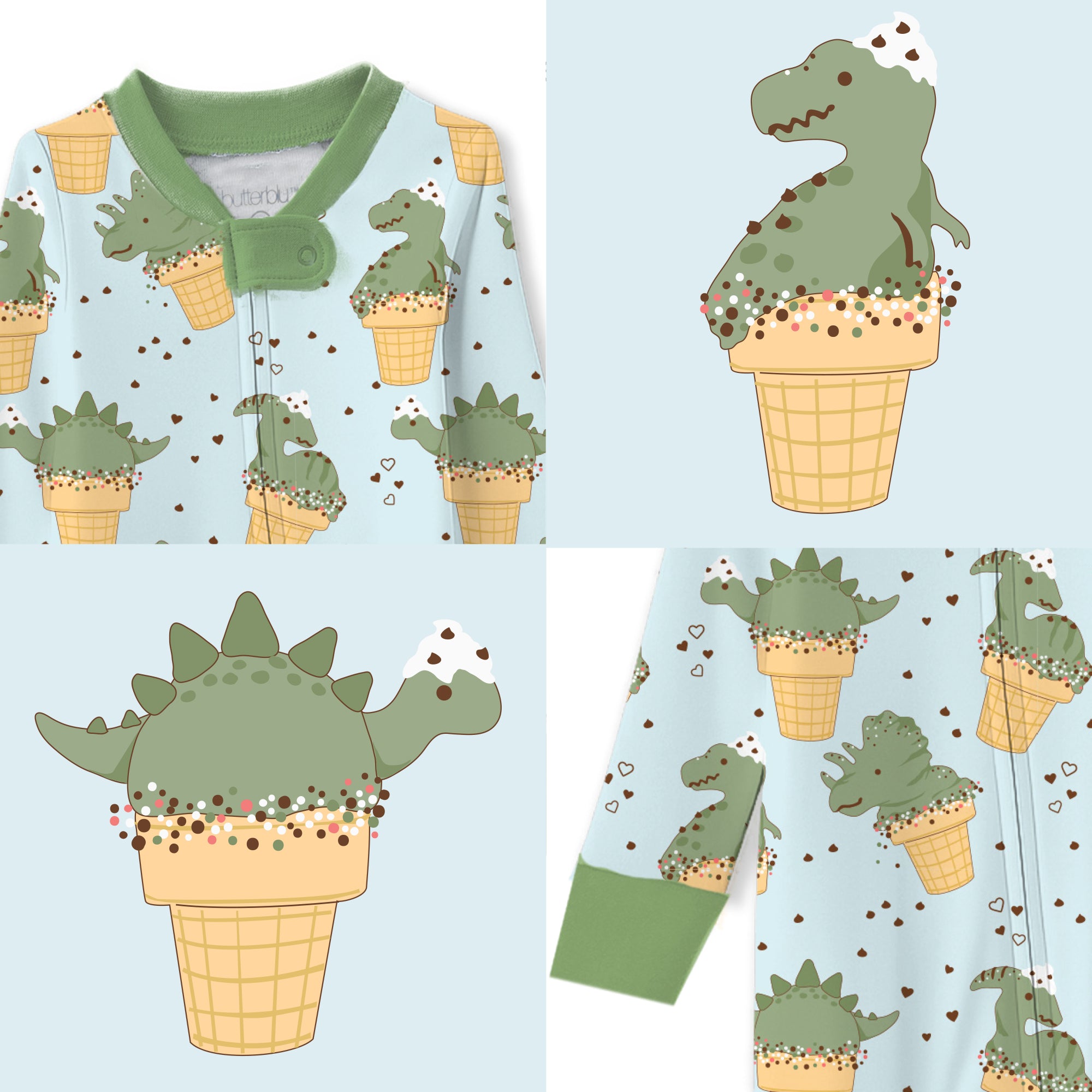 Butterblu Cruz snug-fit footed baby boys pajamas in Dino Scream — GOTS-certified organic cotton zippered sleepers for baby boys