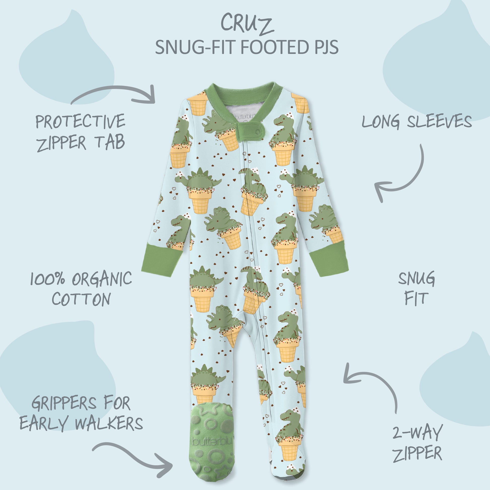 Butterblu Cruz snug-fit footed baby boys pajamas in Dino Scream — GOTS-certified organic cotton zippered sleepers for baby boys