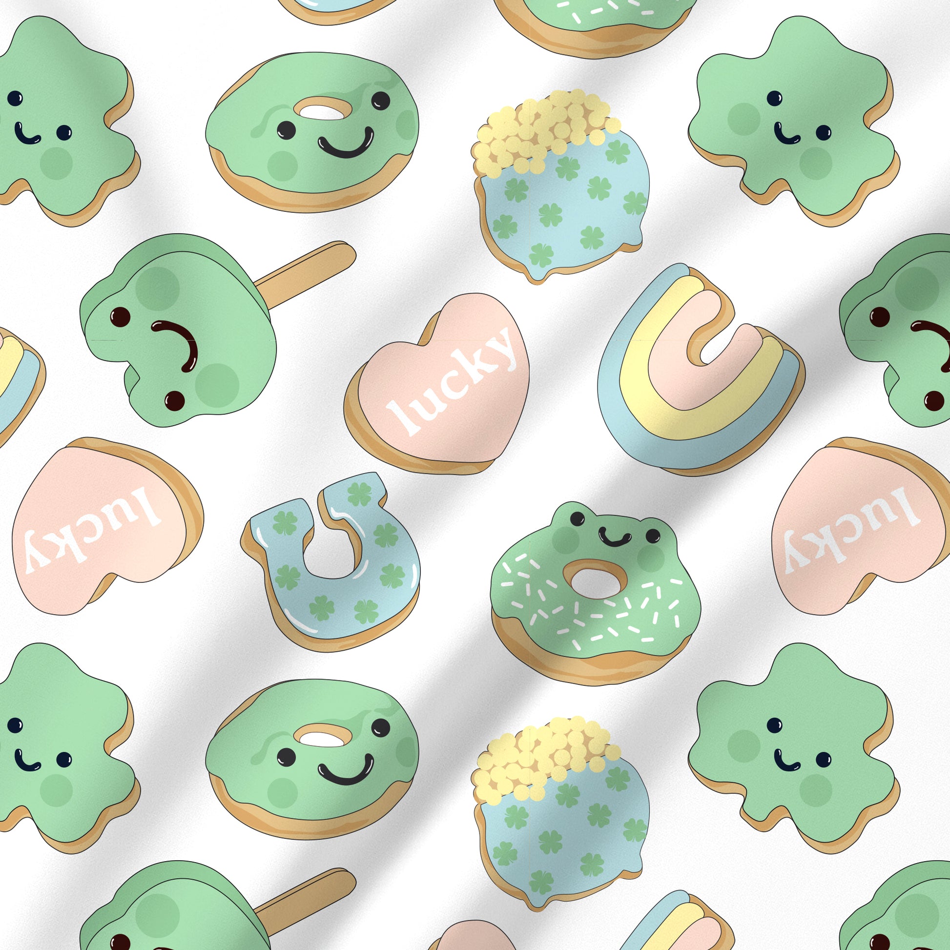 Colorful cookies with various designs on a white background