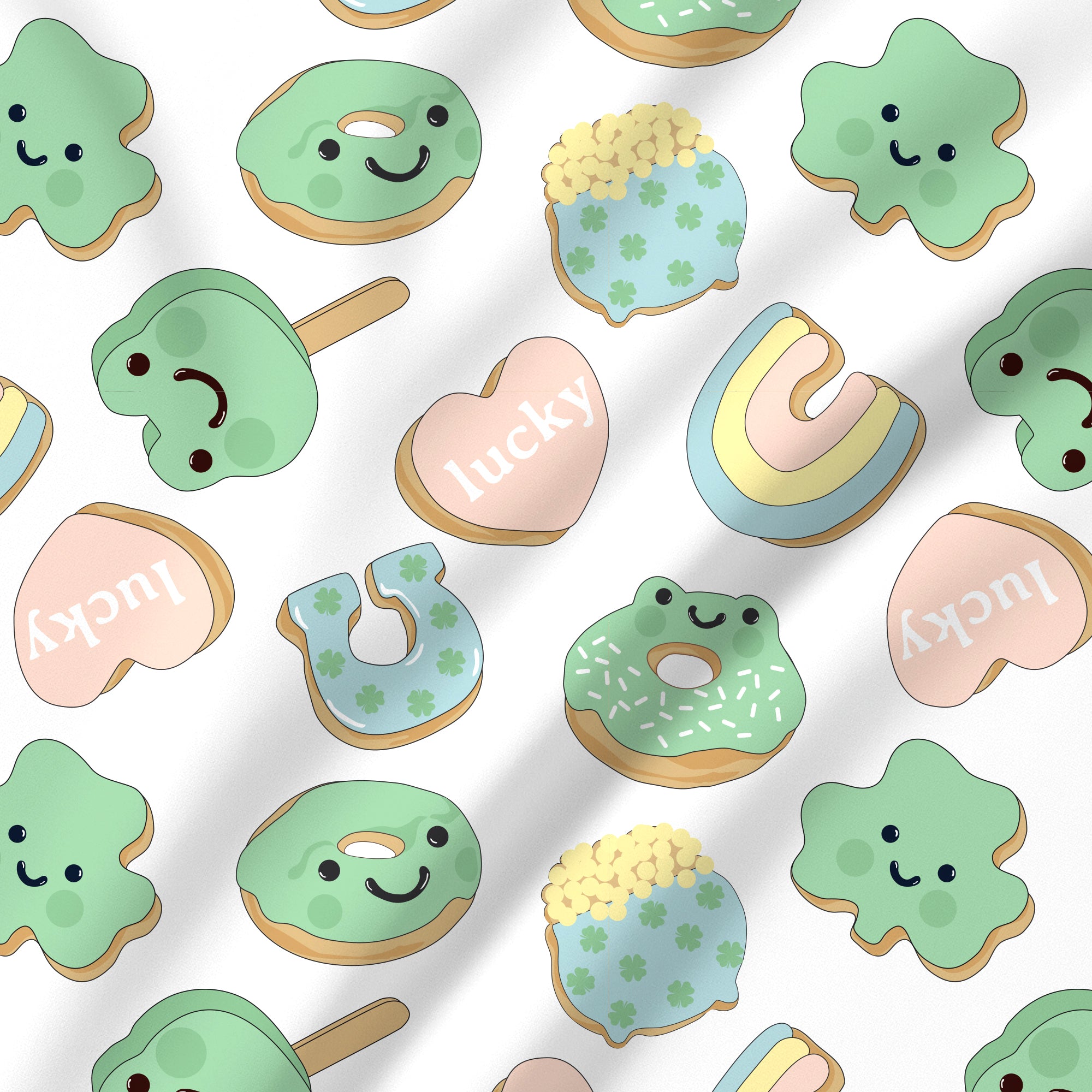 Colorful cookies with various designs on a white background