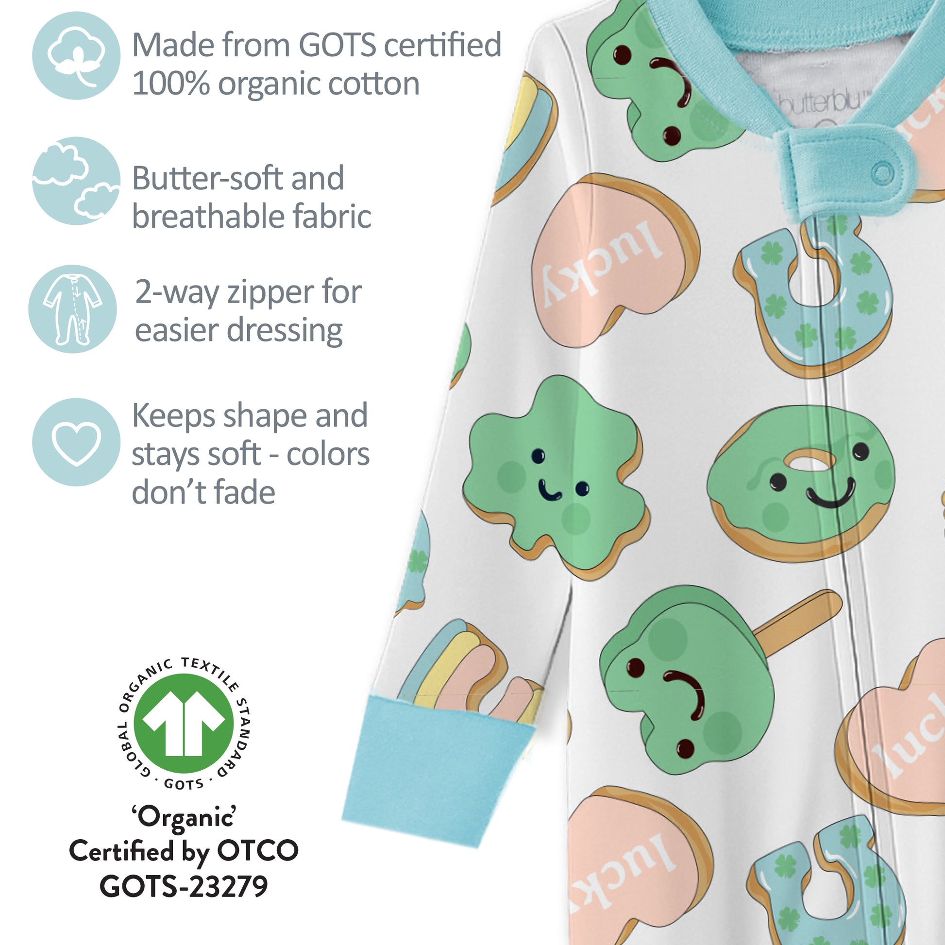 Baby romper with cookie pattern and product details on a white background