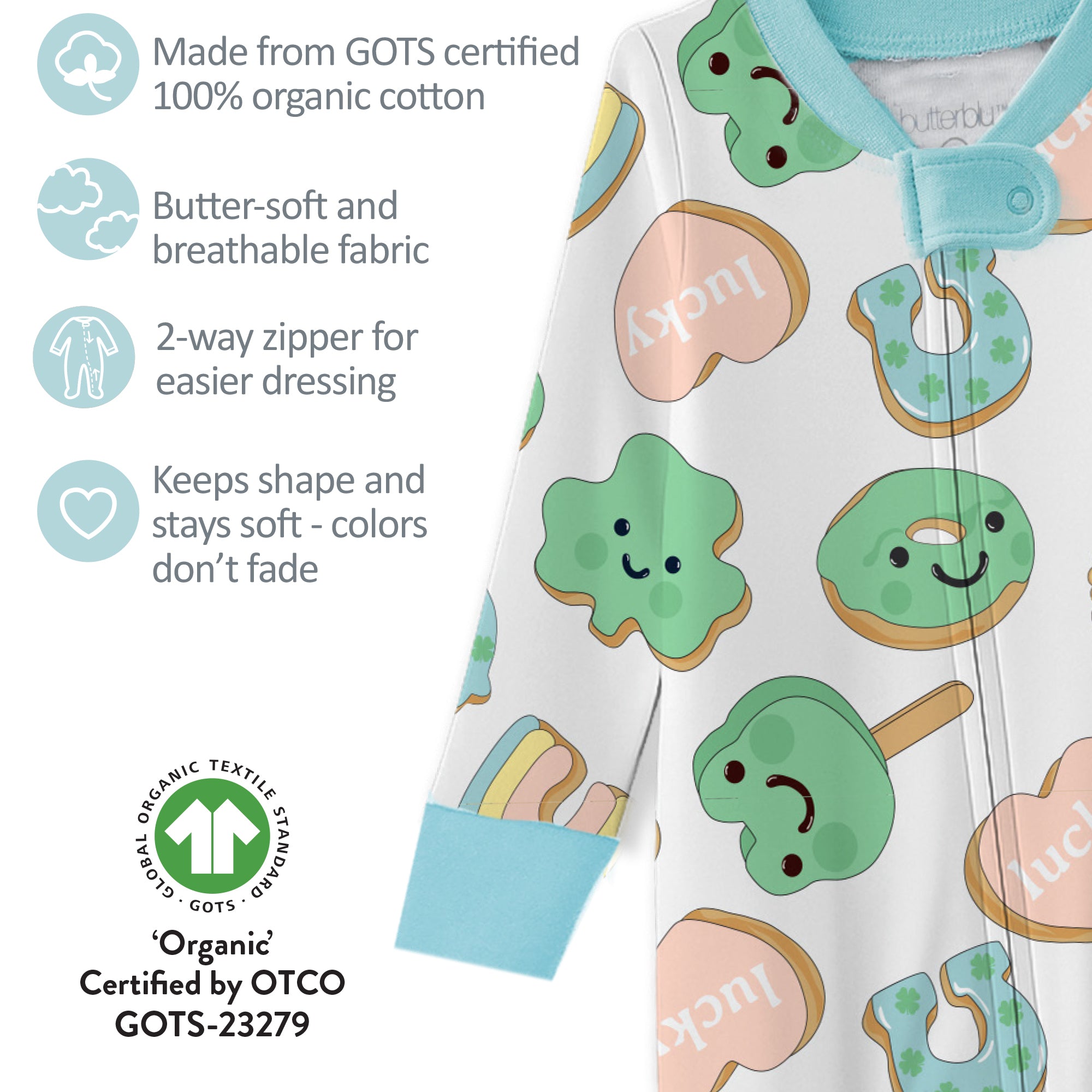 Baby romper with cookie pattern and product details on a white background