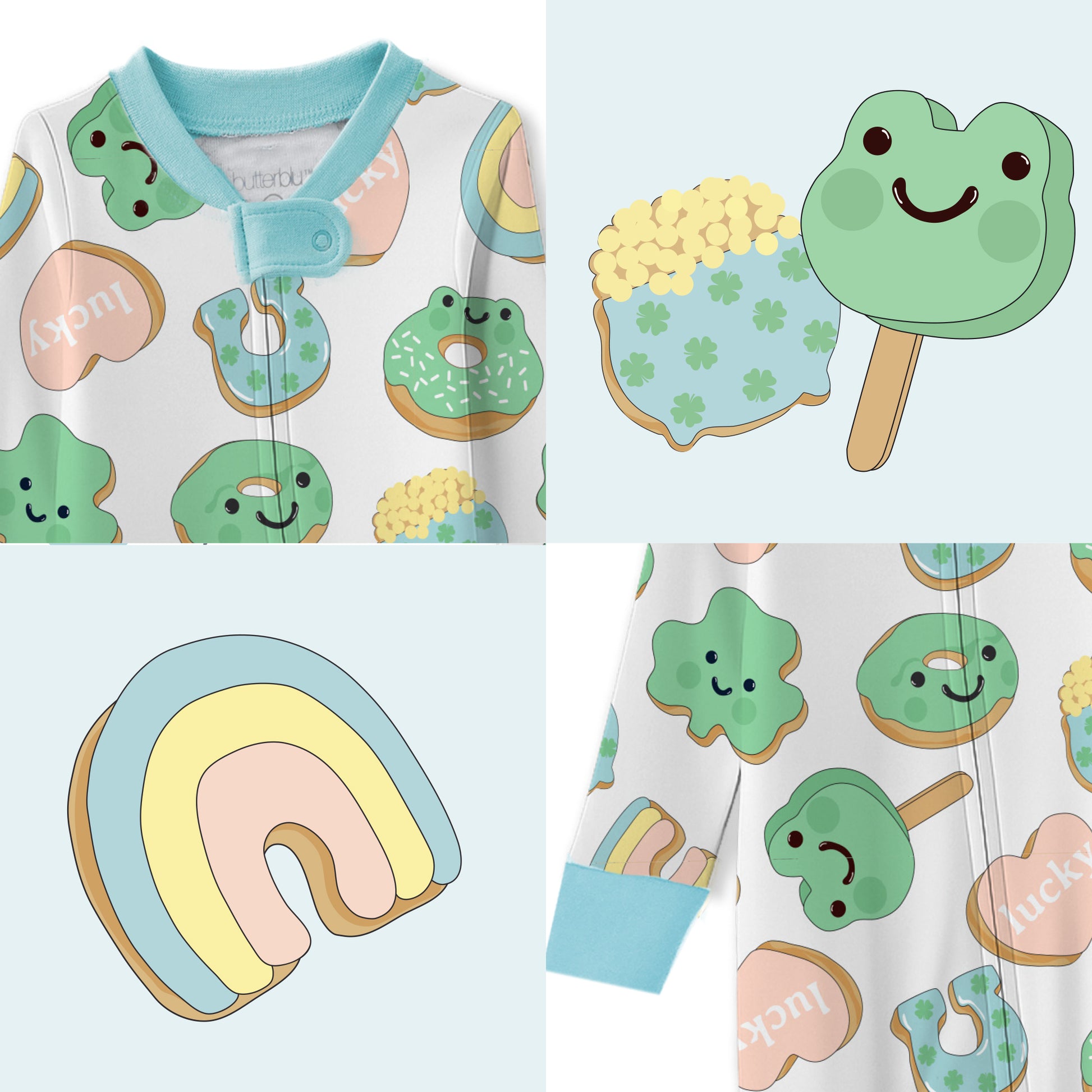 Children's pajama set with cookie-themed design on a light blue background