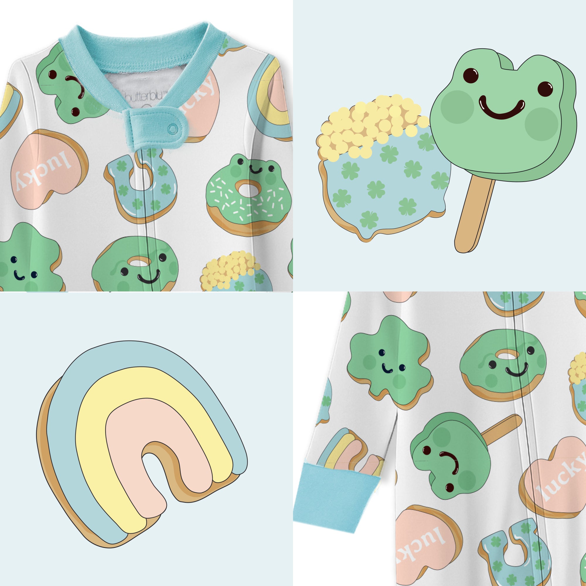 Children's pajama set with cookie-themed design on a light blue background