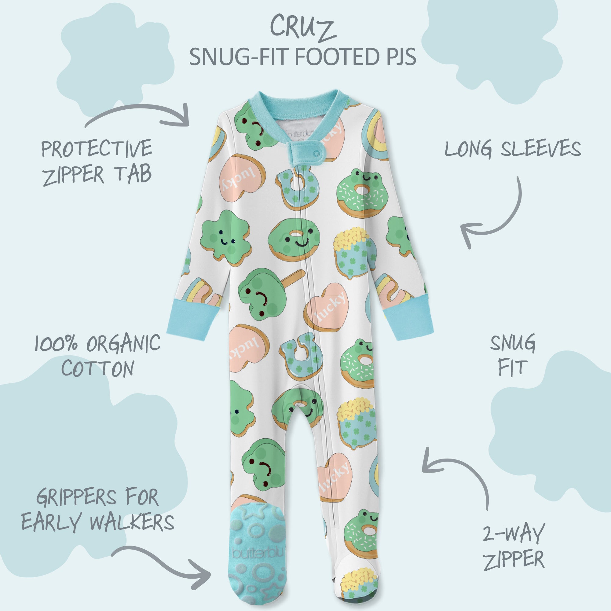 Children's pajamas with frog and donut pattern on a light blue background